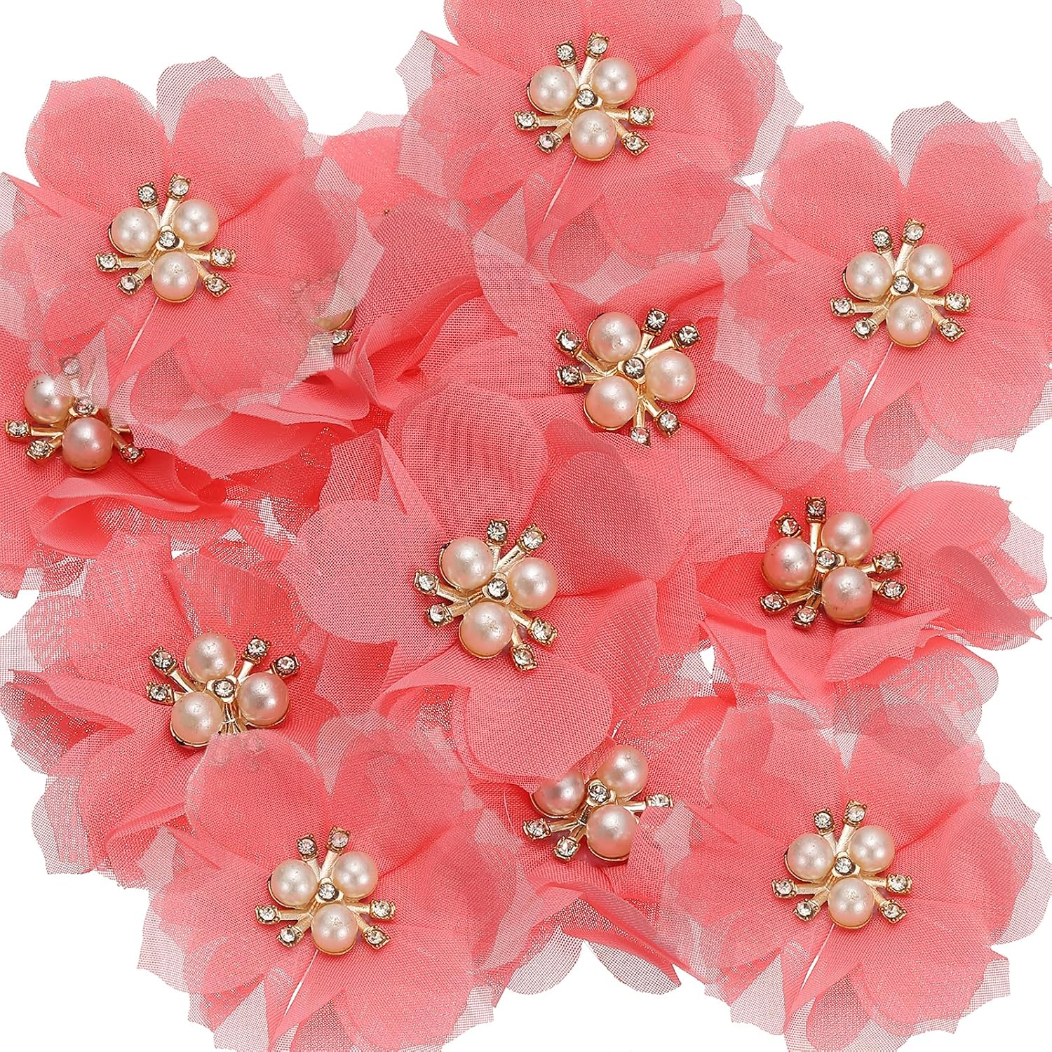 PATIKIL 2.36 Inch Rhinestone Pearl Chiffon Flower, 15 Pcs Sewing Fabric Appliques for DIY Craft Clothing Headbands Wedding Party Decoration, Watermelon Red