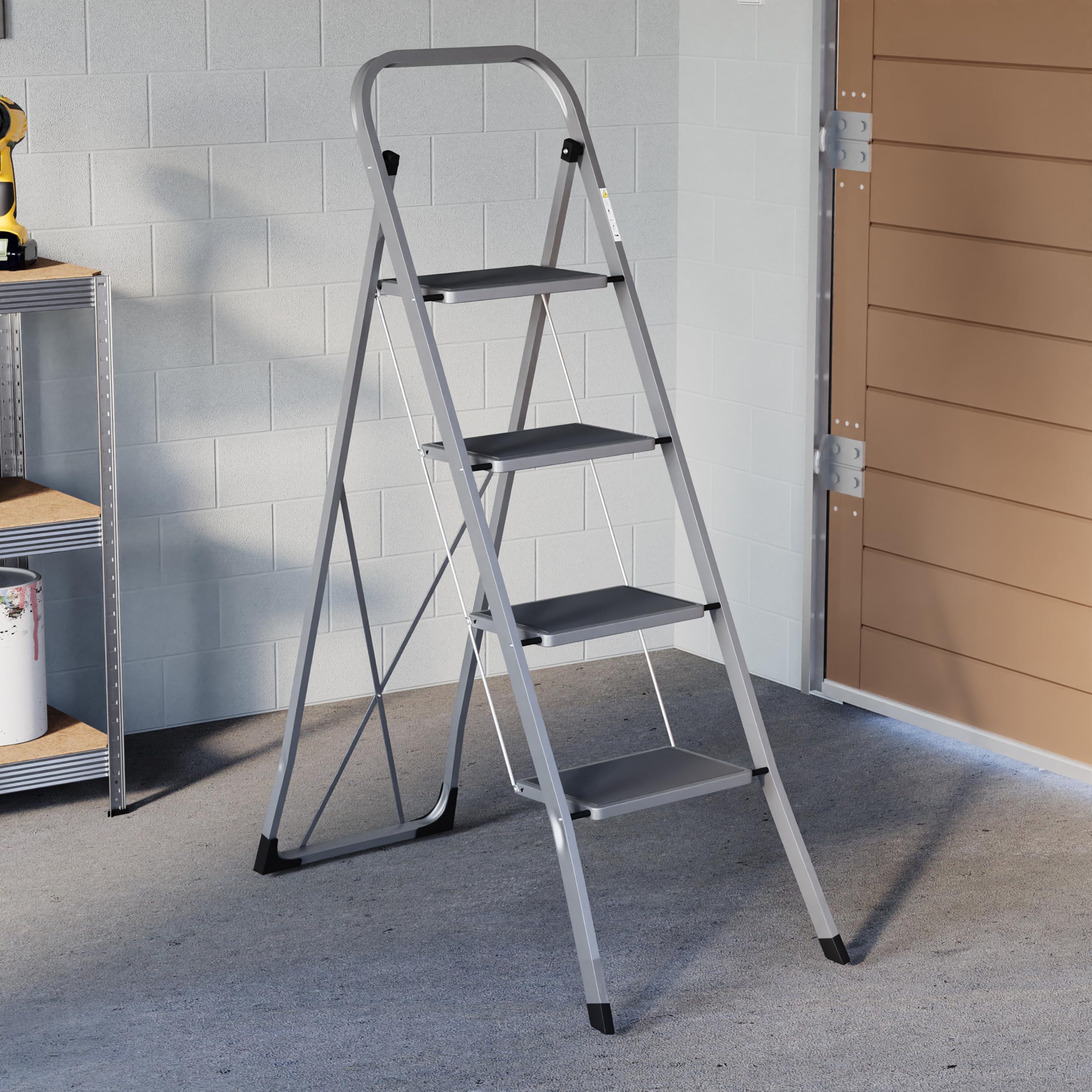 Home Vida 4 Step Ladder - Heavy Duty Steel Folding Ladder with Non-Slip Wide Treads, Folding Mechanism, Maximum Load 150 kg, Home, Kitchen, DIY, Garden, Grey