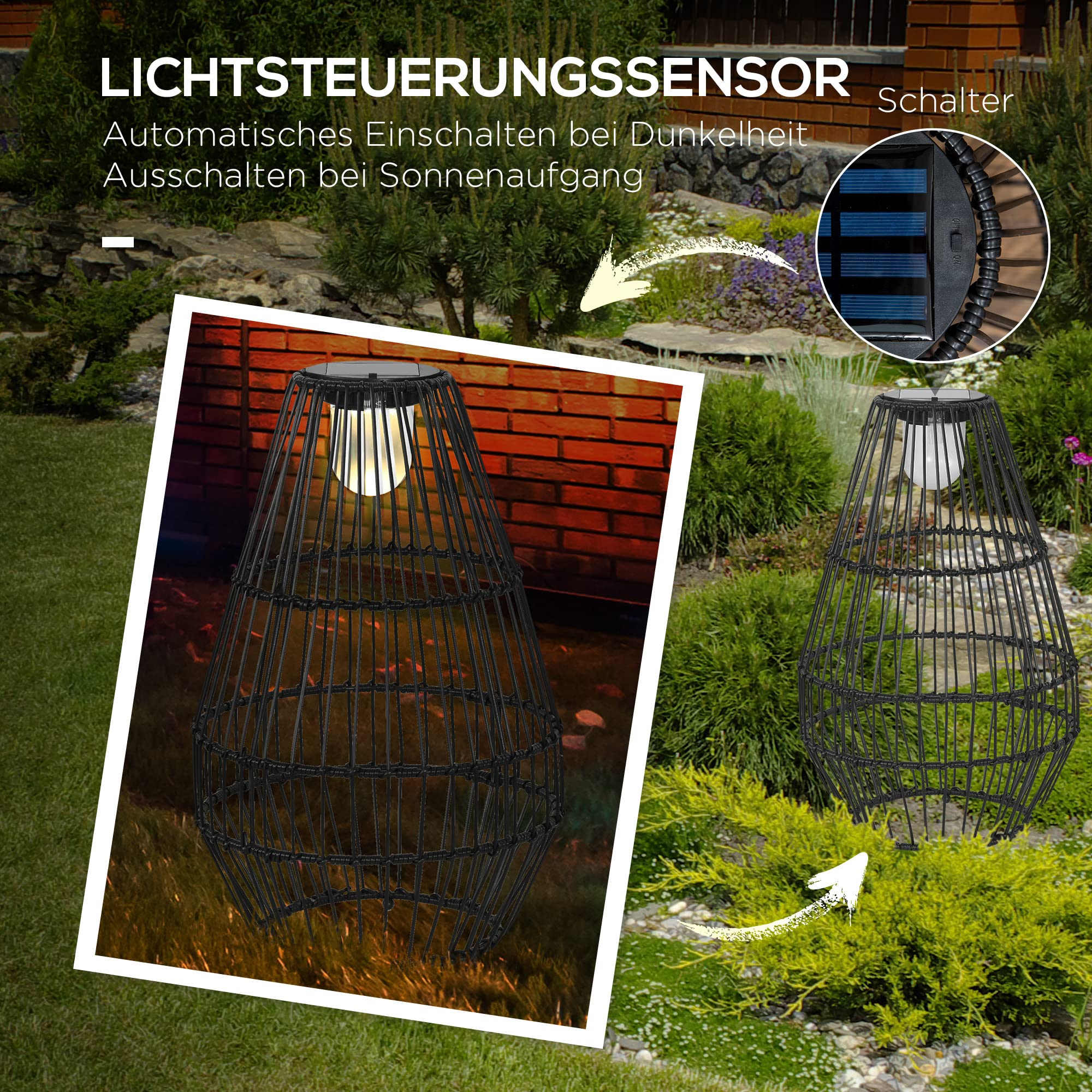 Outsunny Solarleuchte Wasserdichte Wegleuchte mit Lichtsensor Schwarz
