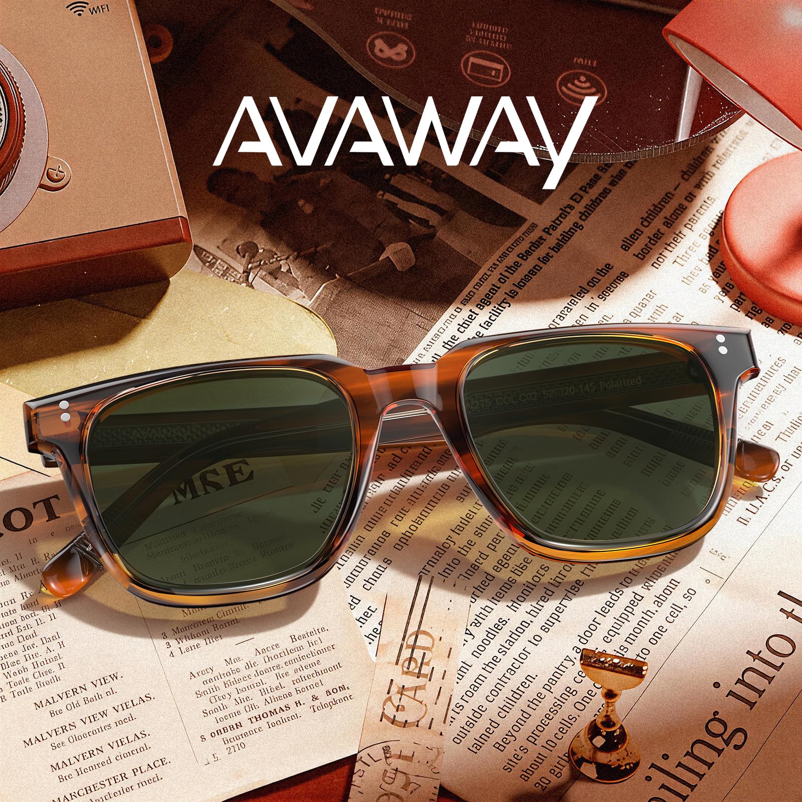 AVAWAY Moda Occhiali da sole Polarizzati da Uomo Protezione UV Retro Vintage Montatura in Acetato Occhiali Quadrati per la Guida e la Pesca