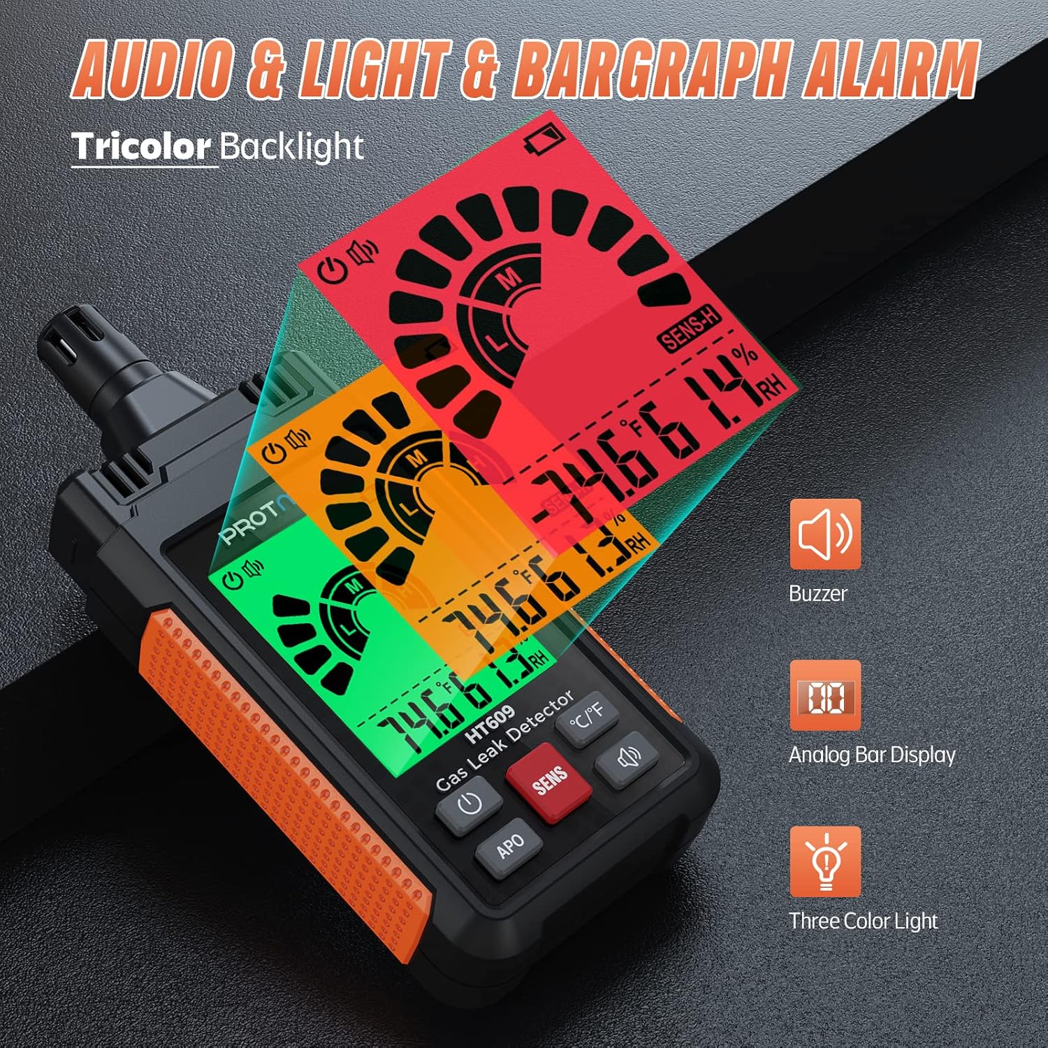 Image showing the HT609 display with green, orange, and red backlights, indicating different gas concentration levels, along with icons for buzzer, analog bar display, and three-color light.