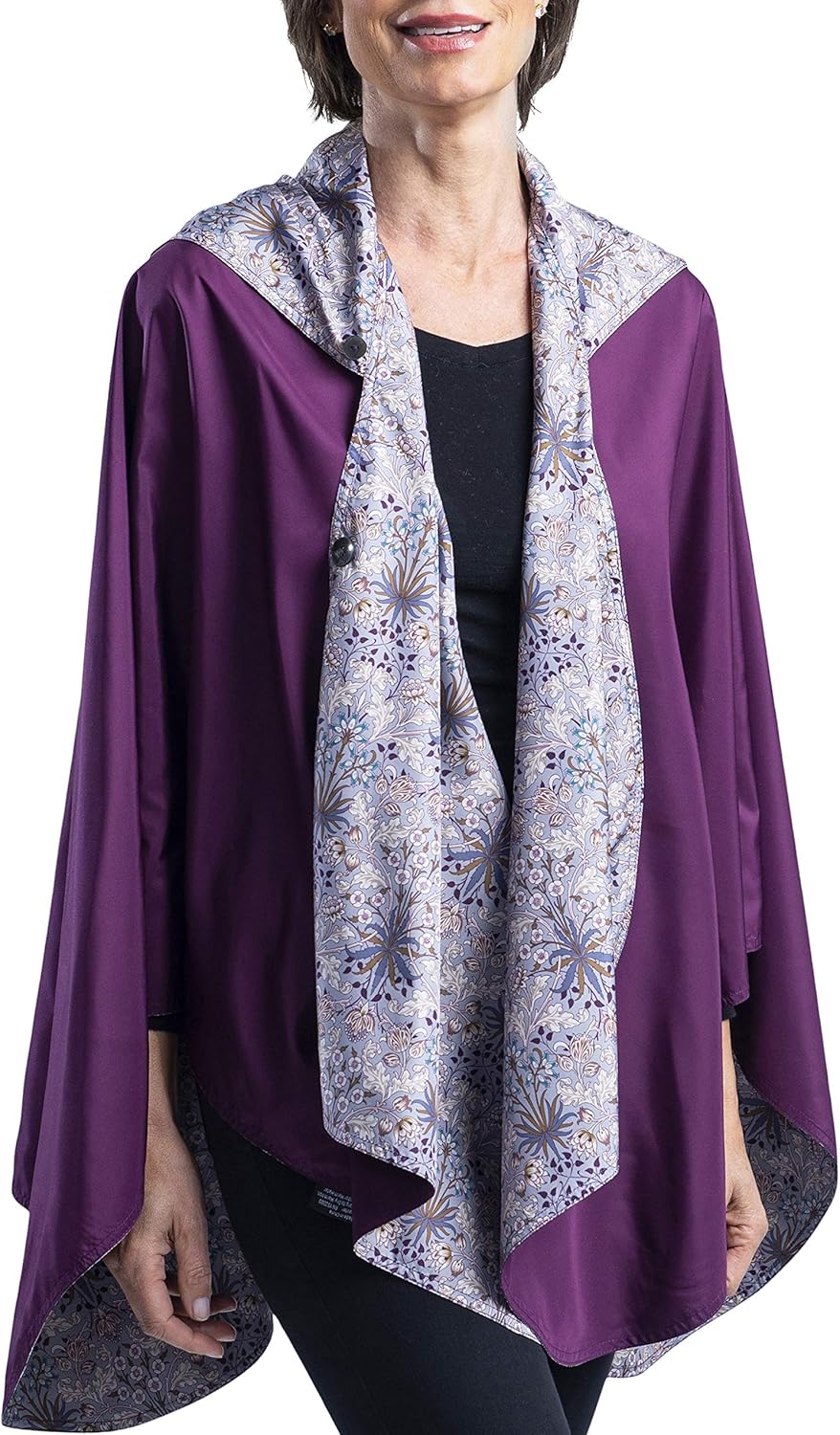 RainCaper Rain Poncho for Women - Reversible Rainproof Hooded Cape in Gorgeous Ultrasoft Colors (Plum/Wm Morris Hyacinth)