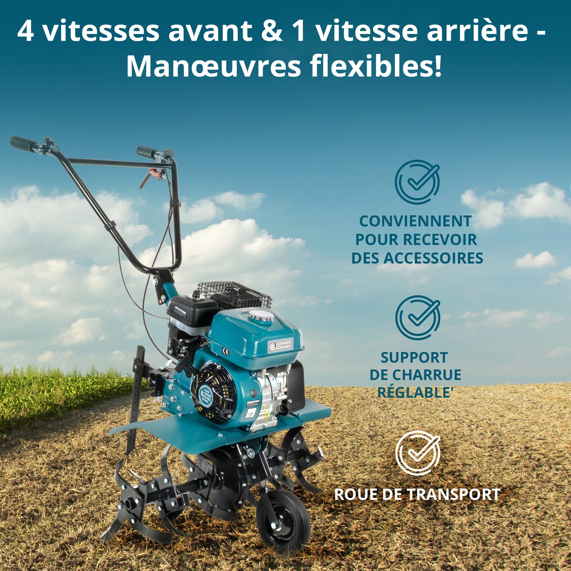 Könner & Söhnen KS 7HP-850A Motoculteur à Essence avec Transmission par Courroie, Fraise de Jardin avec Fraises forgées, cultivateur à Moteur avec soc réglable, Moteur 7 CV, cultivateur de Jardin