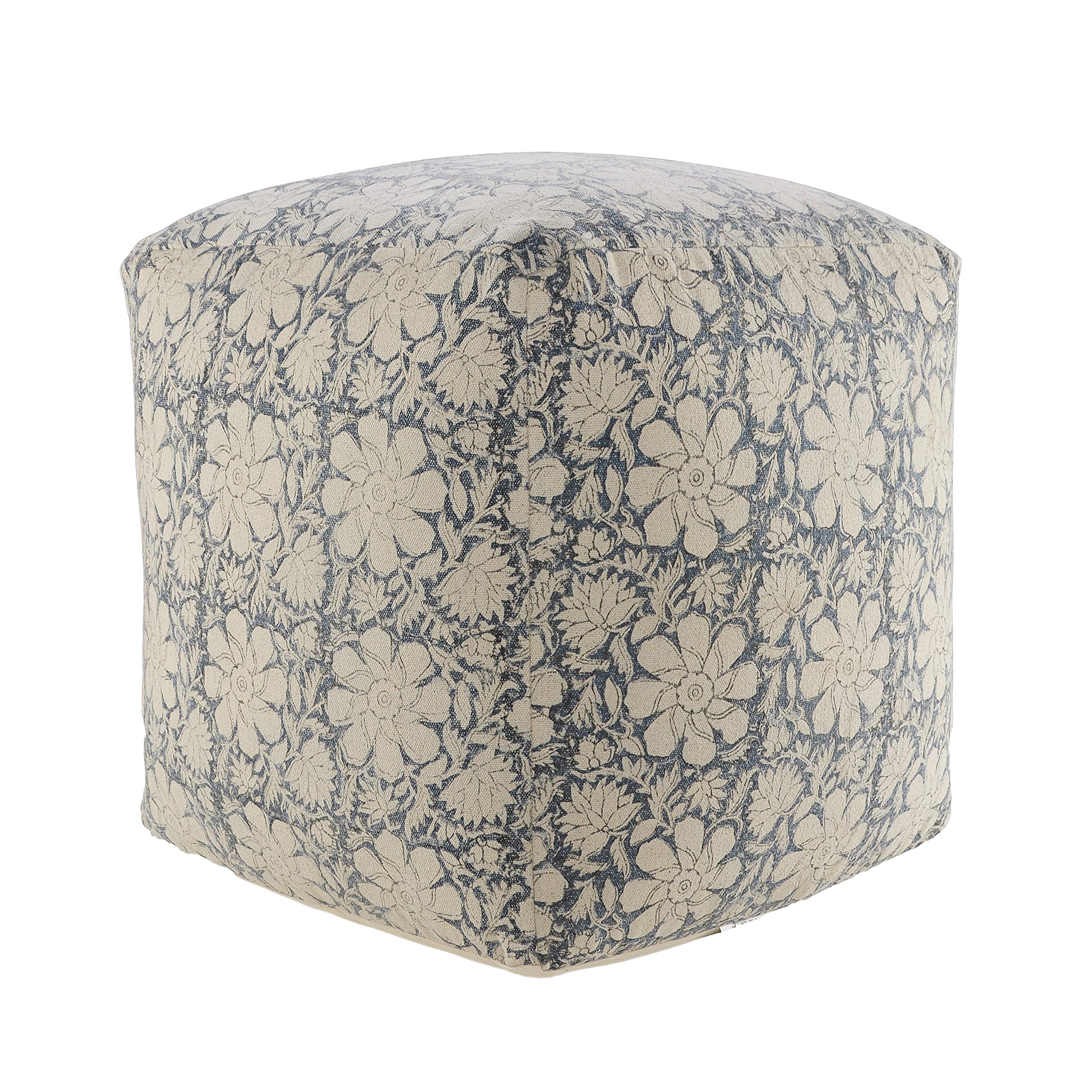 LR Home Bohemian Cottage Floral Cube Pouf, White/Navy, 20" x 20" x 20"