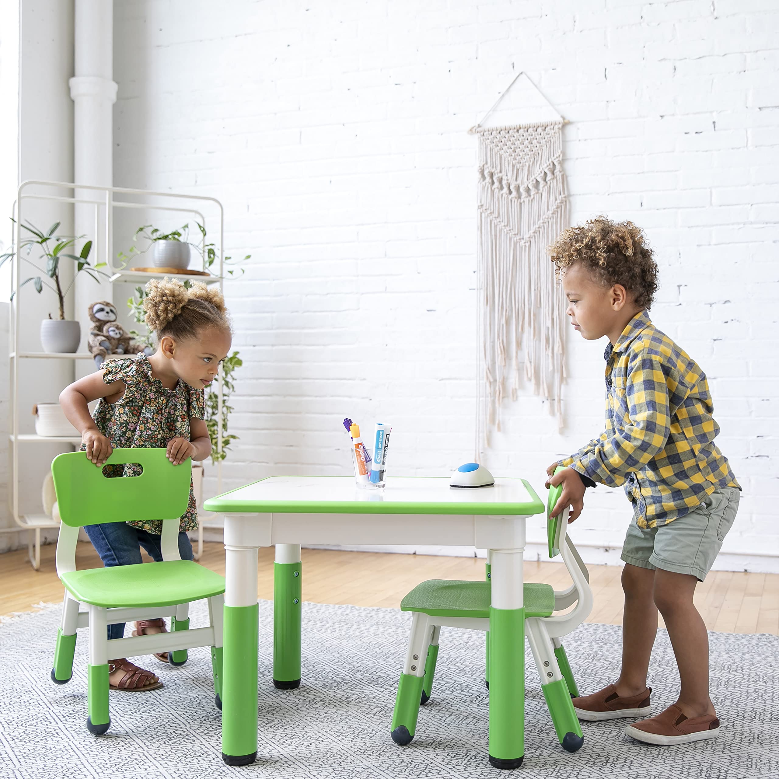 ECR4Kids Square Resin DryErase Activity 2 Table and Chairs, Grassy Green