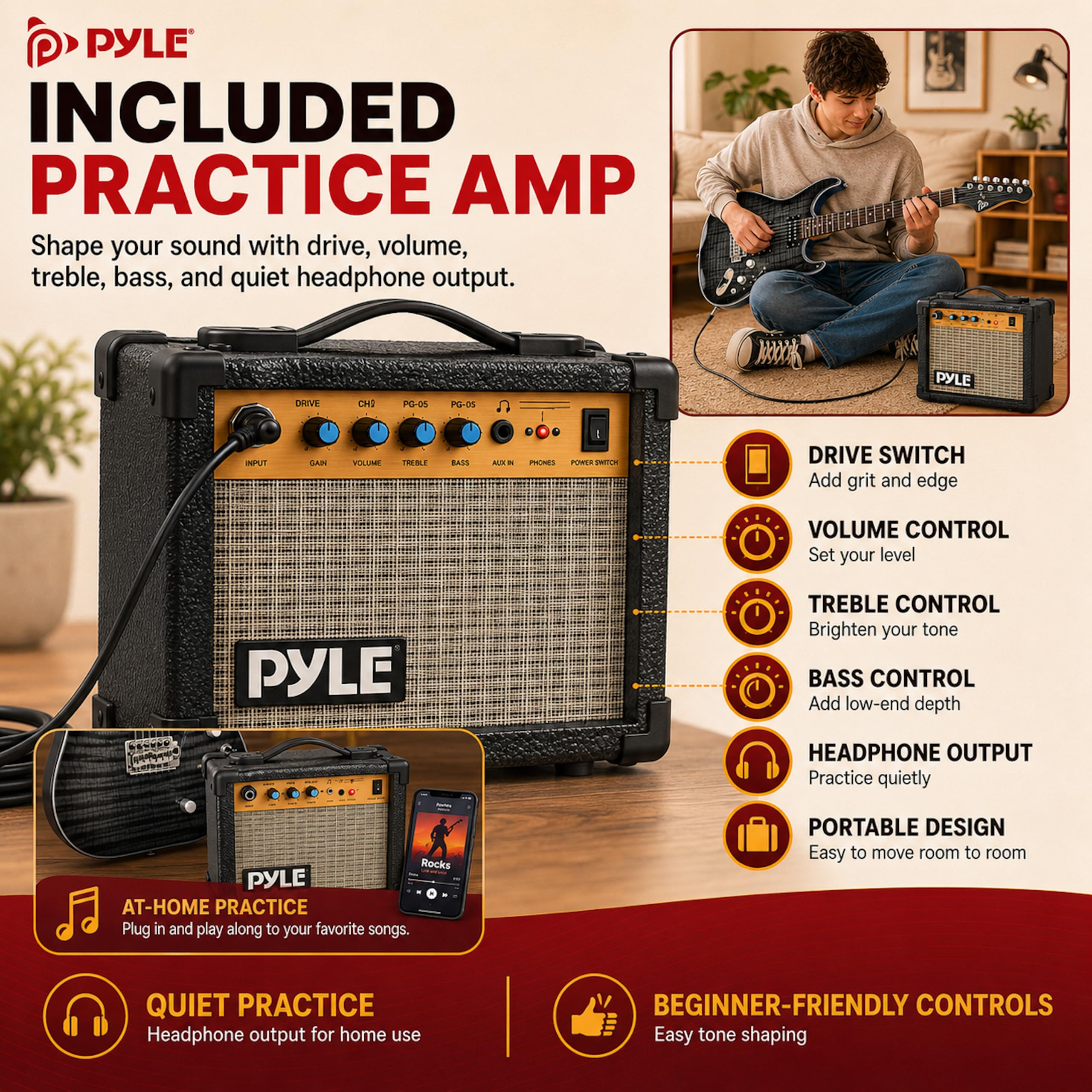 Pyle Kit Guitare Électrique Noir avec Amplificateur pour Débutants, Instrument Standard 39 Pouces avec Micros Humbucker, Set de Démarrage pour Enfants, Jeunes et Adultes