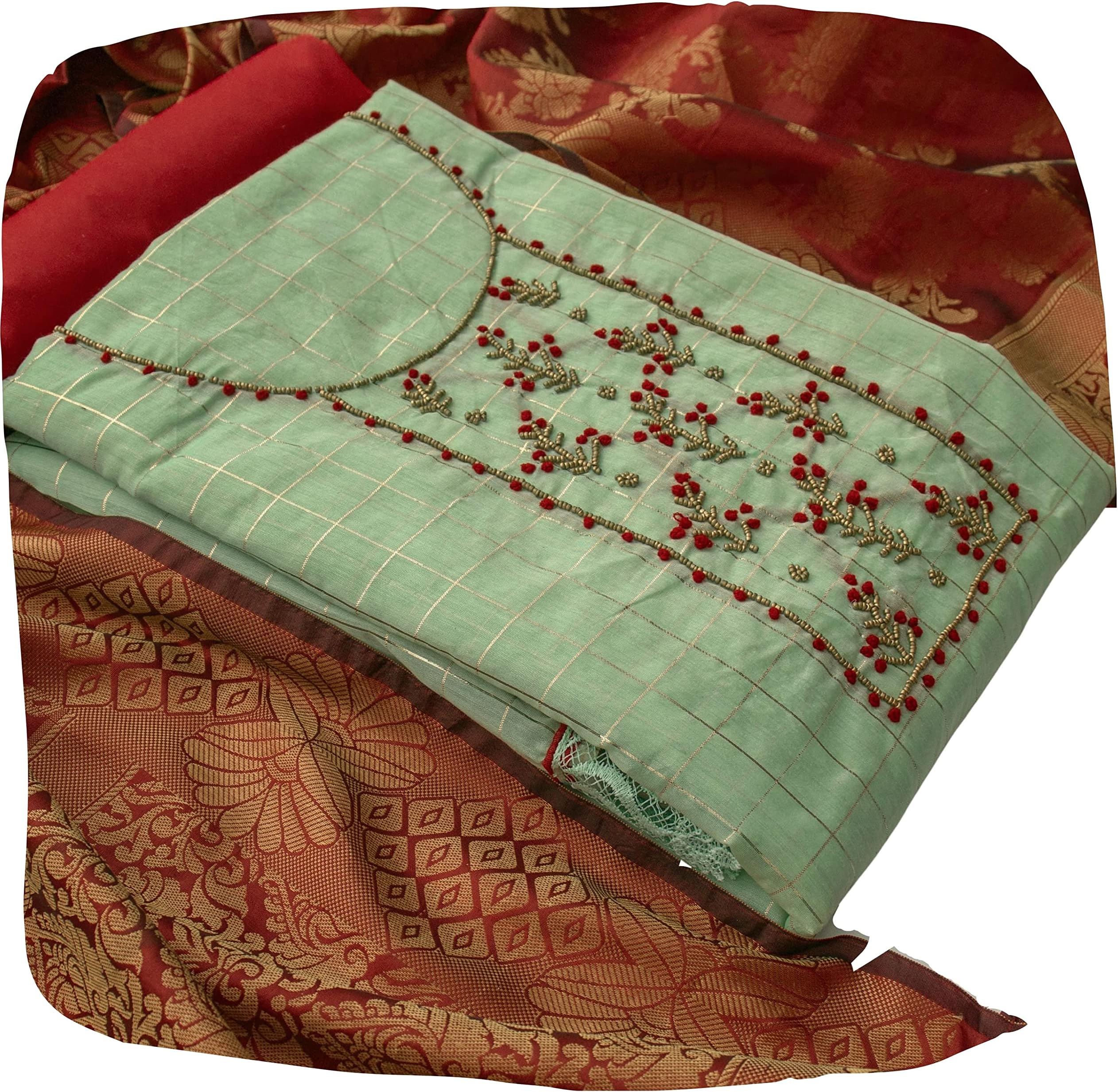 Ethnic JunctionWomen's Chanderi Cotton Embroidered Unstitched Salwar Suit Dress Material with Banarasi Dupatta, Green, 2XL