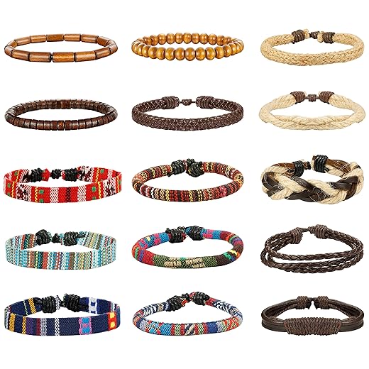 LOYALLOOK 15pcs Men Women Linen Hemp Cords Wood Beads Ethnic Tribal Bracelets Leather Wristbands 15PCS