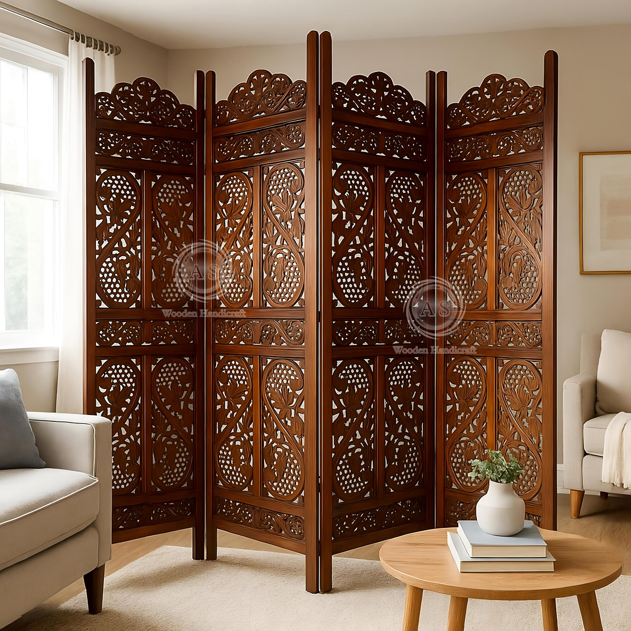 AS Wooden Handicraft Partition for Living Room,Divider,Partition Wall Divider Screen Separator, Wall Panel Divider for Hall | Bedroom |Office | Puja Room | Restaurant S Design (Brown) (4 Panel)