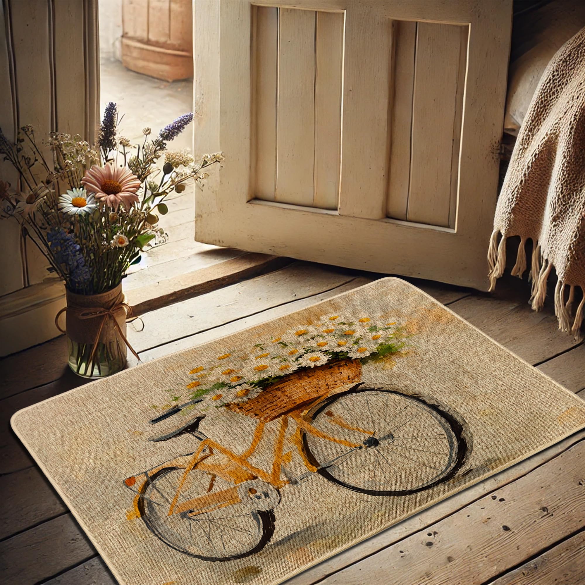 Floral Bicycles Door Mat, Yellow Bicycles with Flowers Doormat for Spring Indoor & Outdoor Entrance Rustic Decor, Non-Slip Easy Clean Waterproof Front