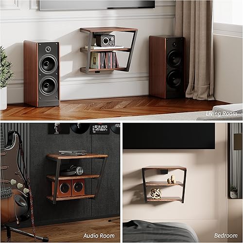 Miniatura 14 de FITUEYES Estantes de pared flotantes de diseño, centro de entretenimiento, estante de madera para medios AV, estante de DVD con marco de acero de