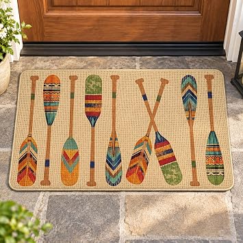 Lake House Welcome Front Door Mat, Boho Vintage Boat Paddle