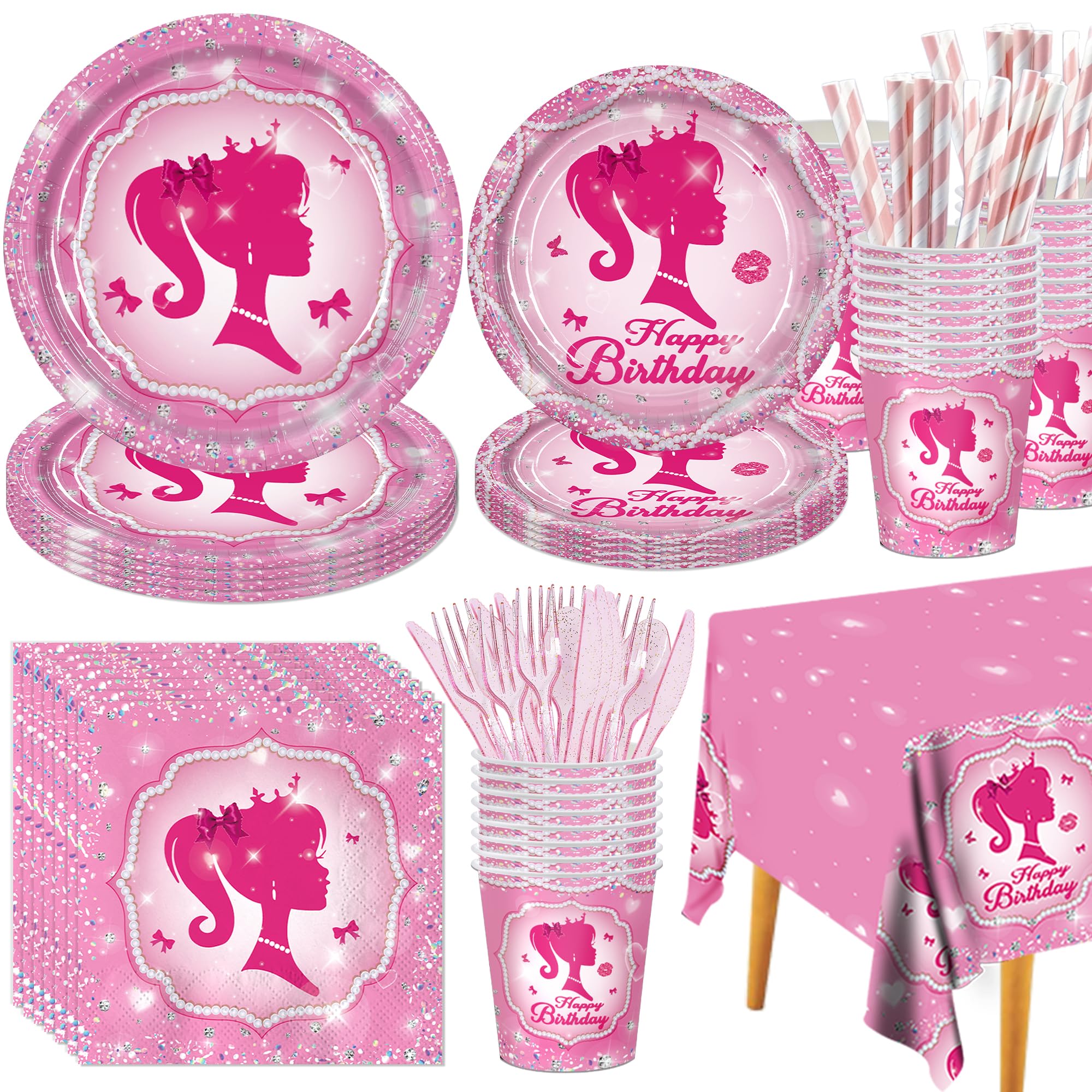 161CT Pink Girl Babe Happy Birthday Party Supplies Babe Head Paper Plates Cups Straw Napkins Spoon Fork knives Tablecloth Hot Pink Girl Party Decorations Tableware for 20 Guests for Bday Baby Shower