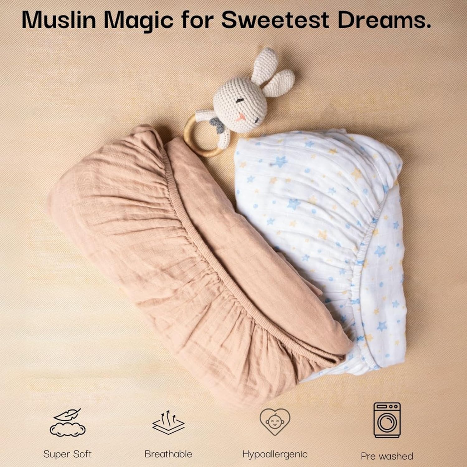 Salt Earth 100% Organic Cotton Muslin Standard Fitted Crib Sheet for Boys, Girls & Toddlers – 52"x28", 2 Pack Soft Breathable Natural Cotton Mattress Bed Sheets, Neutral Crib Sheet (Beige & Blue Star)