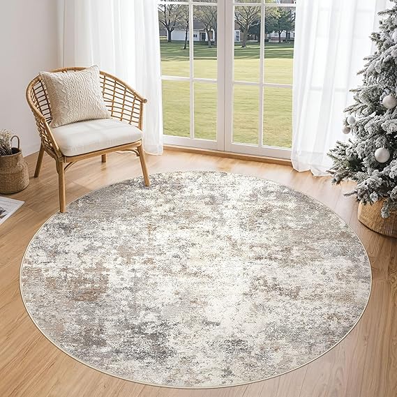 5ft Round Area Rug Living Room Rugs - 5x5 Washable Neutral Modern Abstract Soft Thin Rug Indoor Floor No Slip Rug Carpet for Bedroom Under Dining Table Home Office Decor - Brown Grey