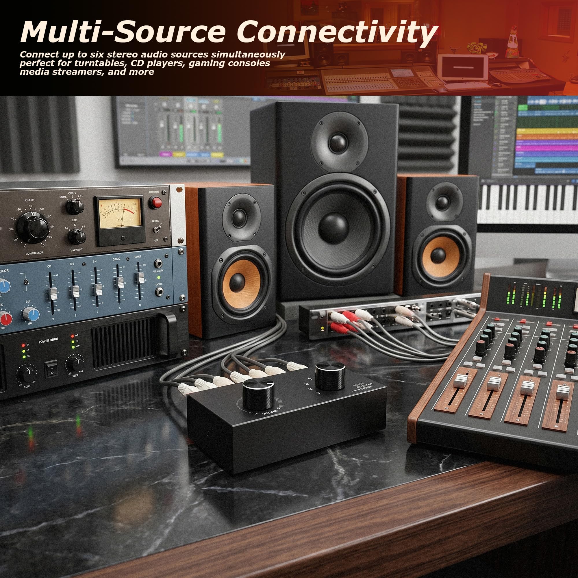 Conmutador de audio RCA, selector de audio 6 en 1, caja de selección estéreo pasiva de 6 canales, caja de metal, Plug and Play, control de volumen para sistemas de alta fidelidad