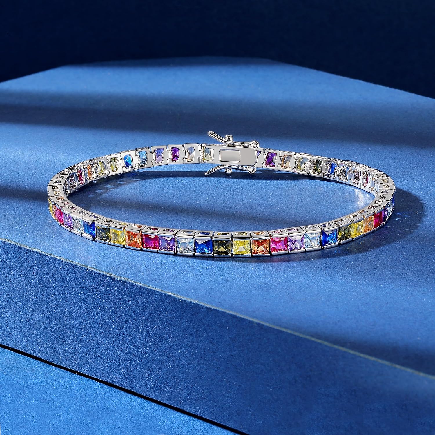 Gemsme 3 * 3mm Rainbow Square Tennis Bracelet, 3.0mm Thin 18K White/Yellow Gold Plated Square Colorful Cubic Zirconia Tennis Bracelet for Women