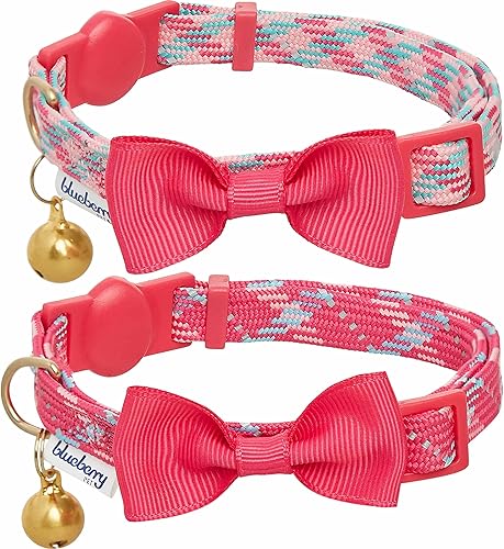Miniatura 5 de Blueberry Pet 2021 nuevo paquete de 2 collares de gato clásico sólido ajustable para gato con campana y pajarita menta fresca cuello de 22 a 130in