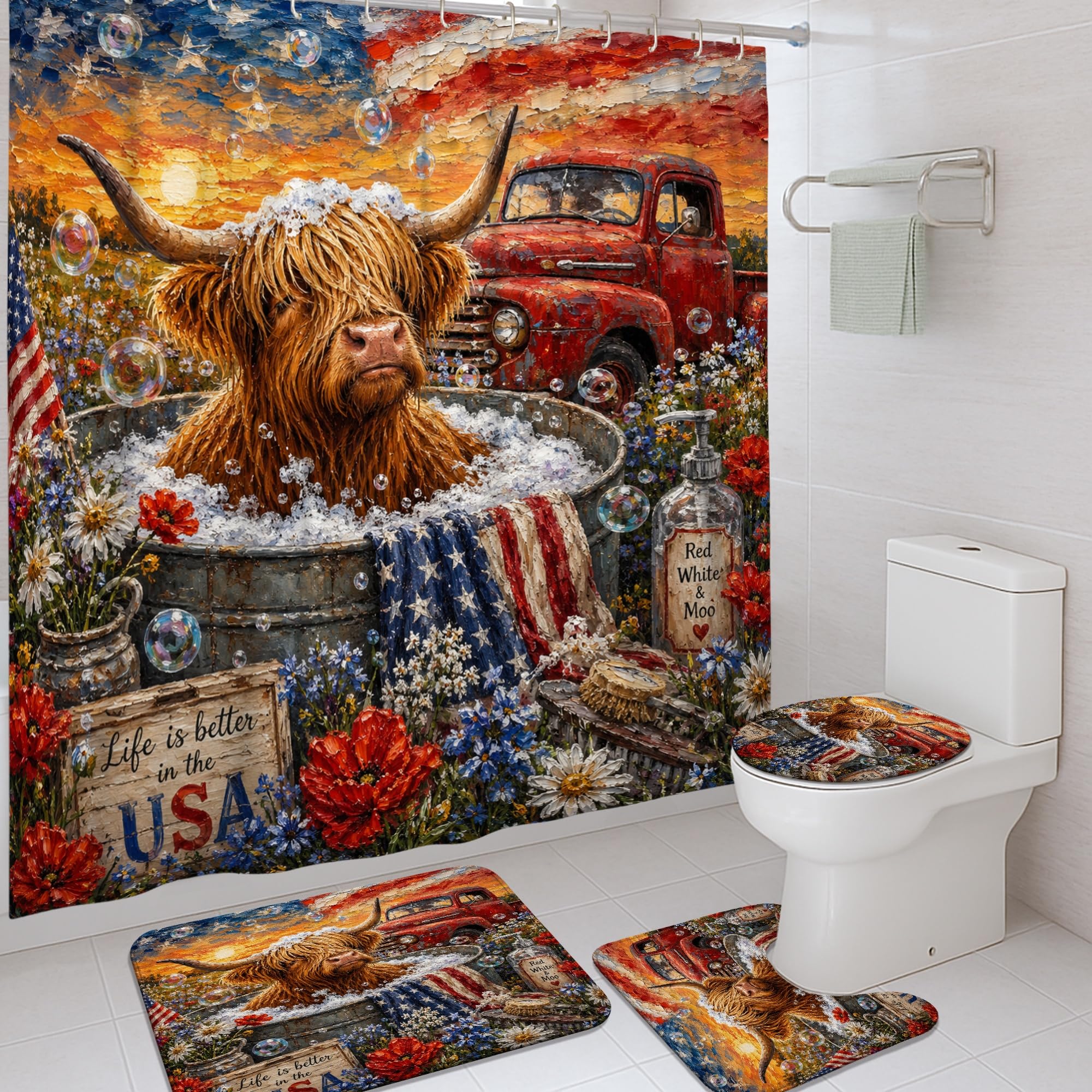 Ensemble rideau de douche polyester pour baignoire d'appartement motif fleurs d'été et tapis