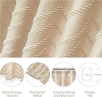 Vista 6 de Cortina de ducha extralarga hecha de tela tejida, de estilo bohemio, de rayas chevrón y capitoné, color beige, de 72 x 84 pulgadas, moderna