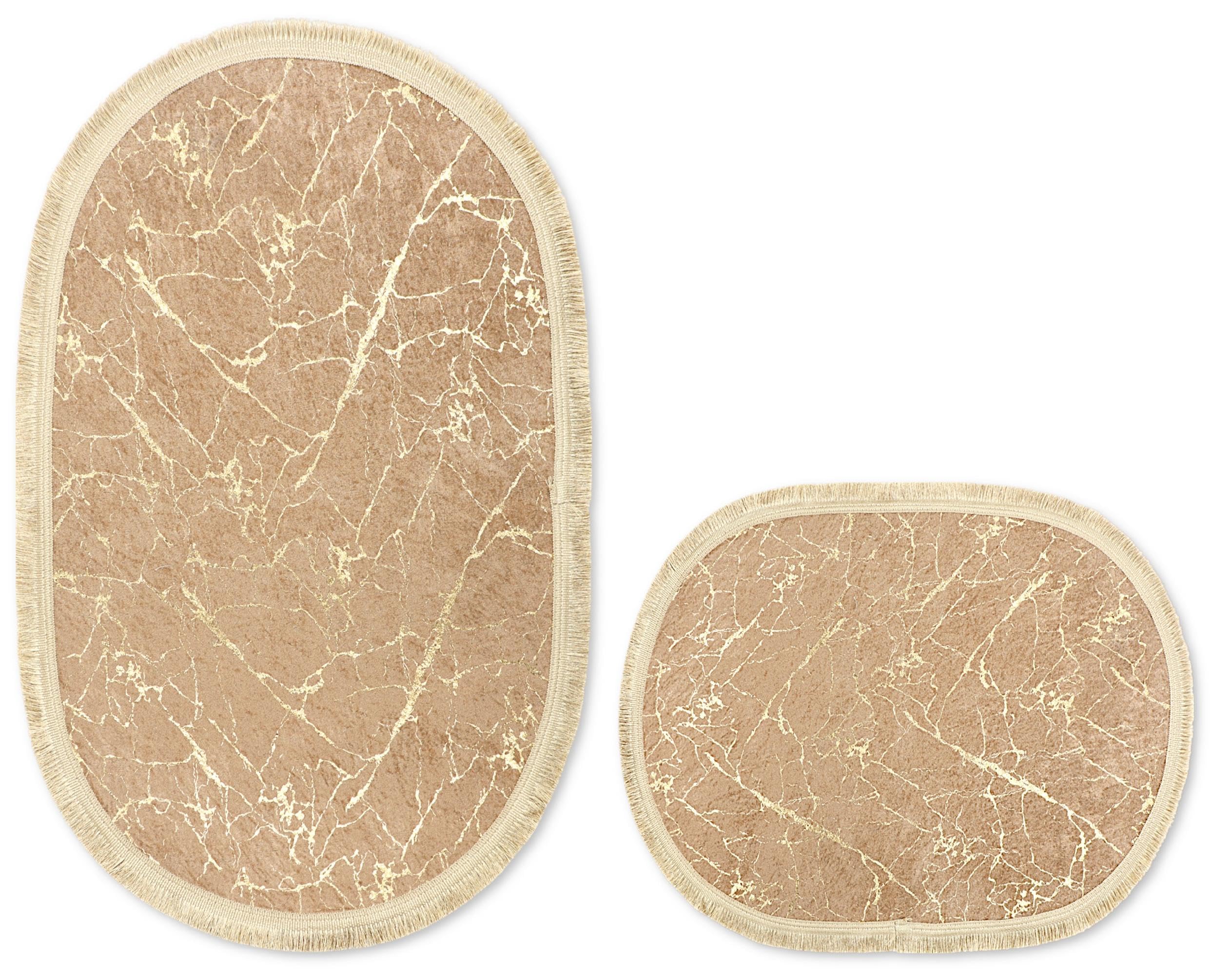 Badteppich Set 2-TLG. Bronze-Gold – Oval 4 mm rutschfest & Weich, Badematte für Badezimmer Teppich 60x100 cm & 50x60 cm - Ideal für Fußbodenheizung - Maschinenwaschbar