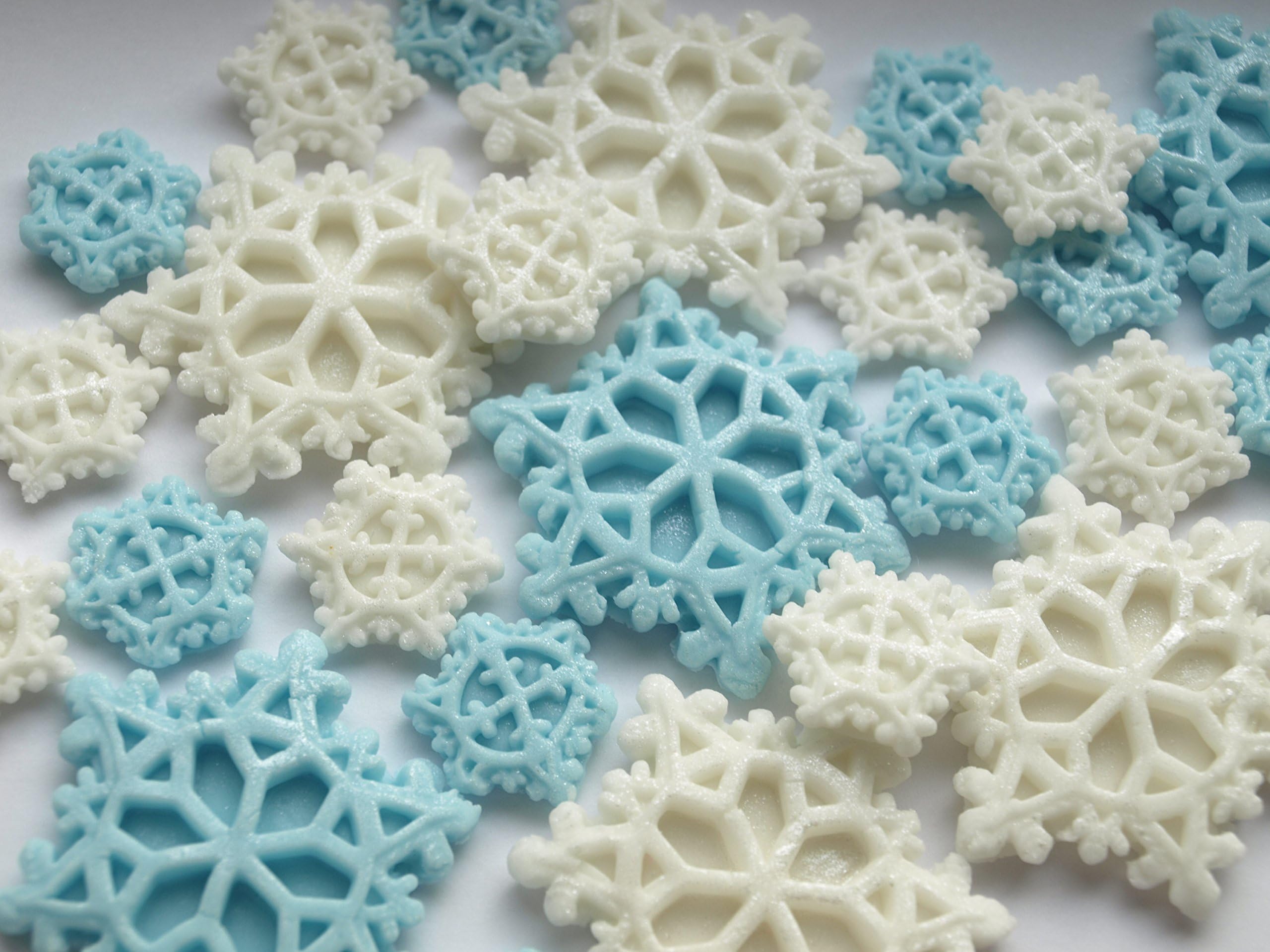 Edible Snowflakes Cupcake Toppers - Frozen Cake Topper, Fondant Decorations, Winter Baby Shower Bridal, Winter Wonderland Wedding Cake Blue (24, Mix (Big & Small) Snawflakes - Blue & White