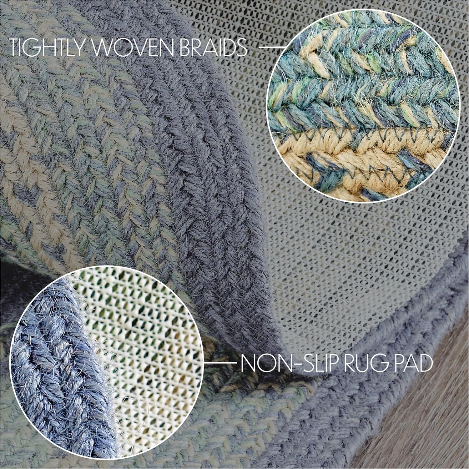 VHC Brands Jolie Farmhouse 20"x30" Accent Rug Blue Textured Jute Striped Pad Oval Floor Decor