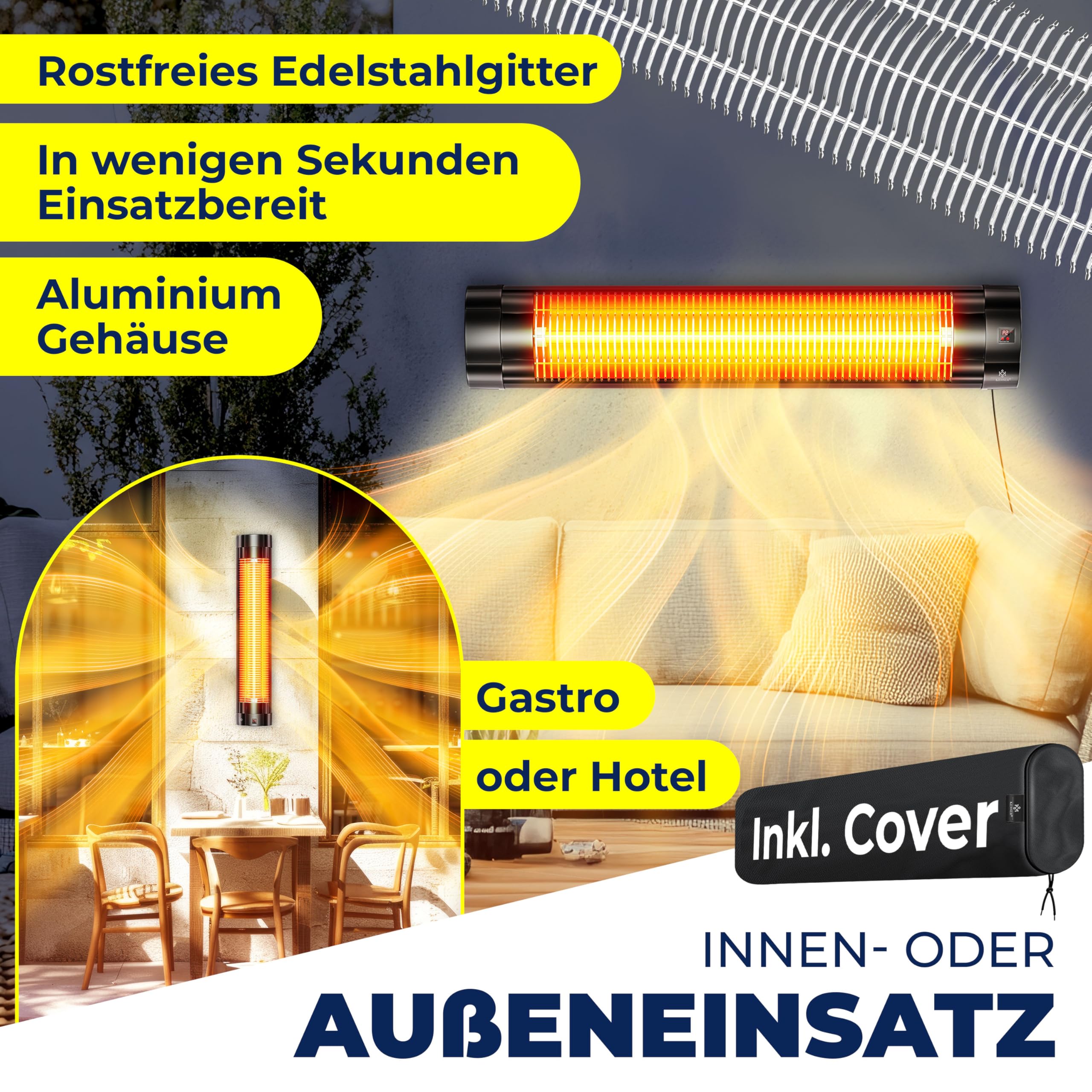 KESSER® Estufa infrarroja de 2500 W con mando a distancia, 3 niveles, calentamiento instantáneo, soporte de pared, foco de terraza, calentador de cuarzo, calentador de terraza, incluye funda