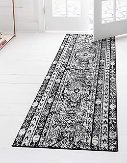 Rugs.com Oregon Collection Rug â€“ 8 Ft Runner Black and White Low-Pile Rug Perfect for Hallways, Entryways