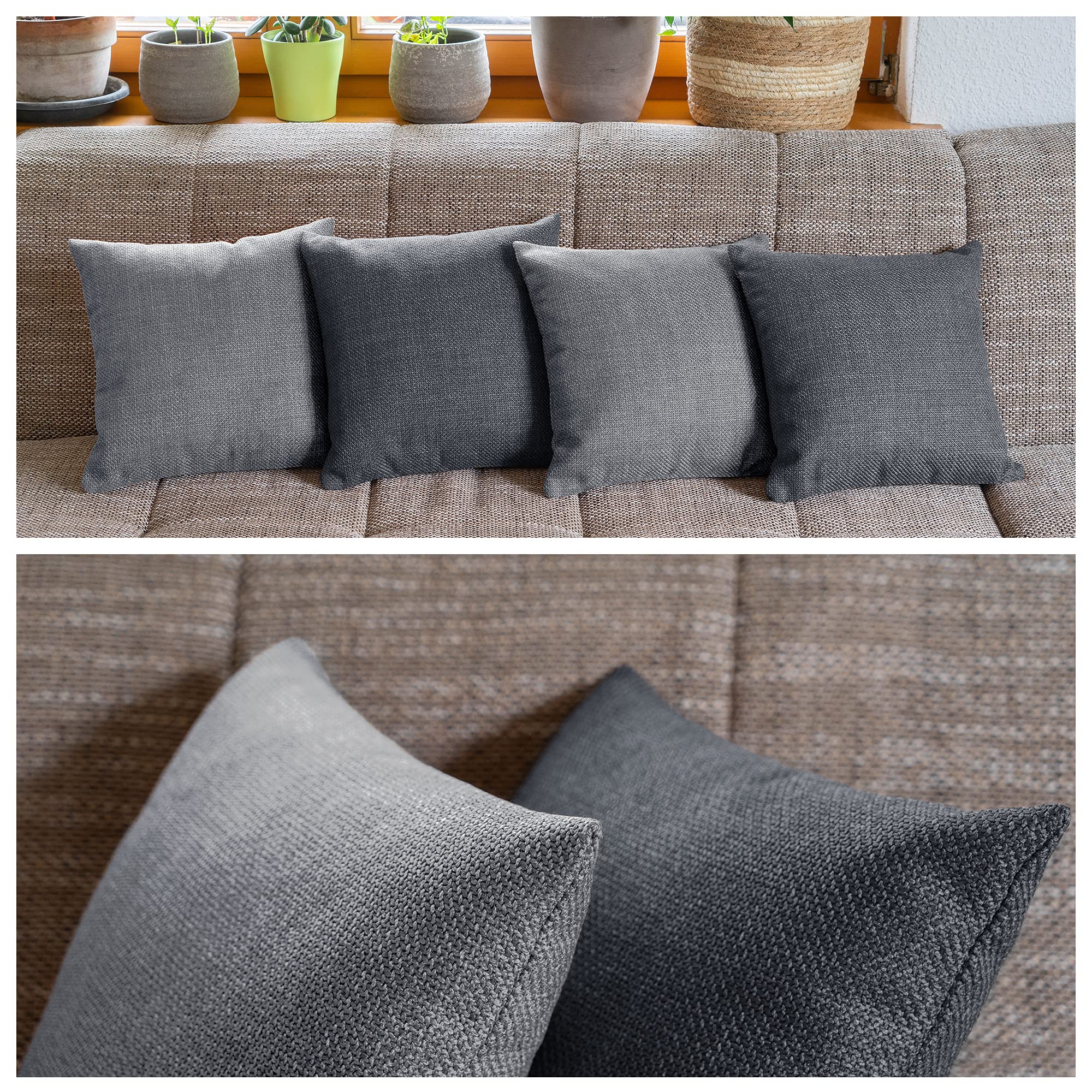 Monsera Kissen 40x40 4er Set, Sofakissen mit Füllung und Bezug, weiche Couchkissen, Dekokissen, edler Polsterstoff, leicht glänzend und strukturiert, Luxus Sofakissen inkl. Kissenfüllung (Grau)