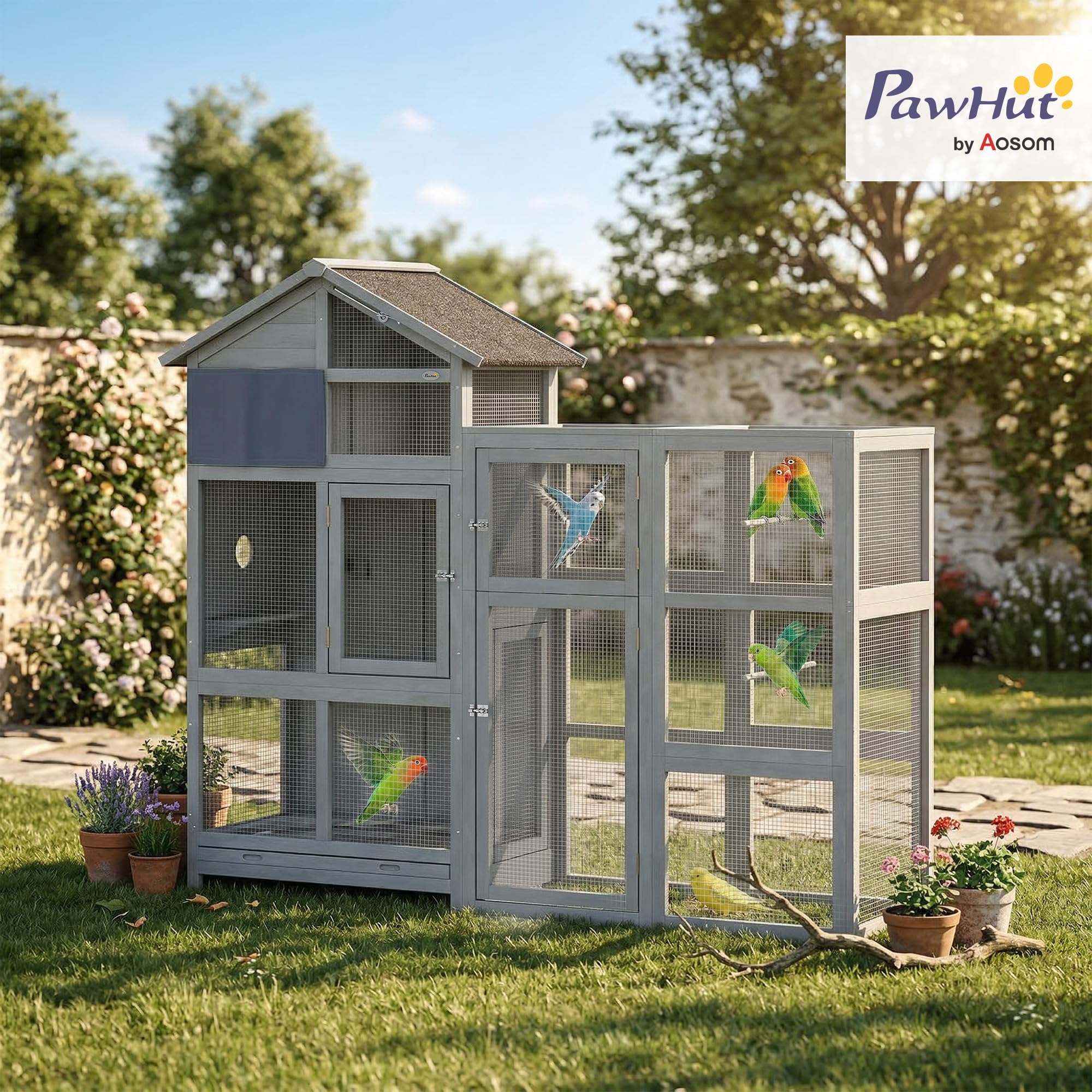 PawHut Pajarera de madera con ampliación, 6 perchas, 7 puertas, compartimento de almacenamiento, jaula para pájaros con cajón extraíble, cuencos de acero inoxidable, para pinzones, periquitos, gris