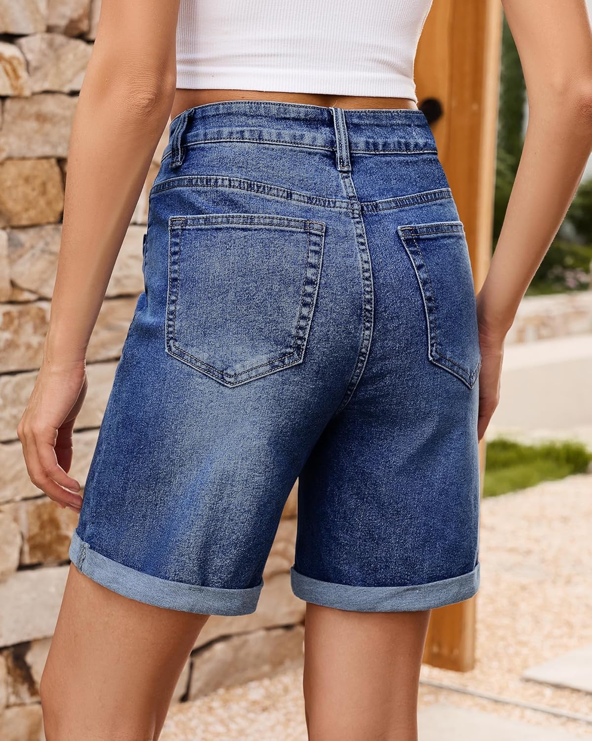 Vetinee Jean Shorts Womens High Waisted Fold Hem Stretchy Long Denim Shorts Mid Thigh Summer Casual Jorts 7 Inch Inseam - Image 3