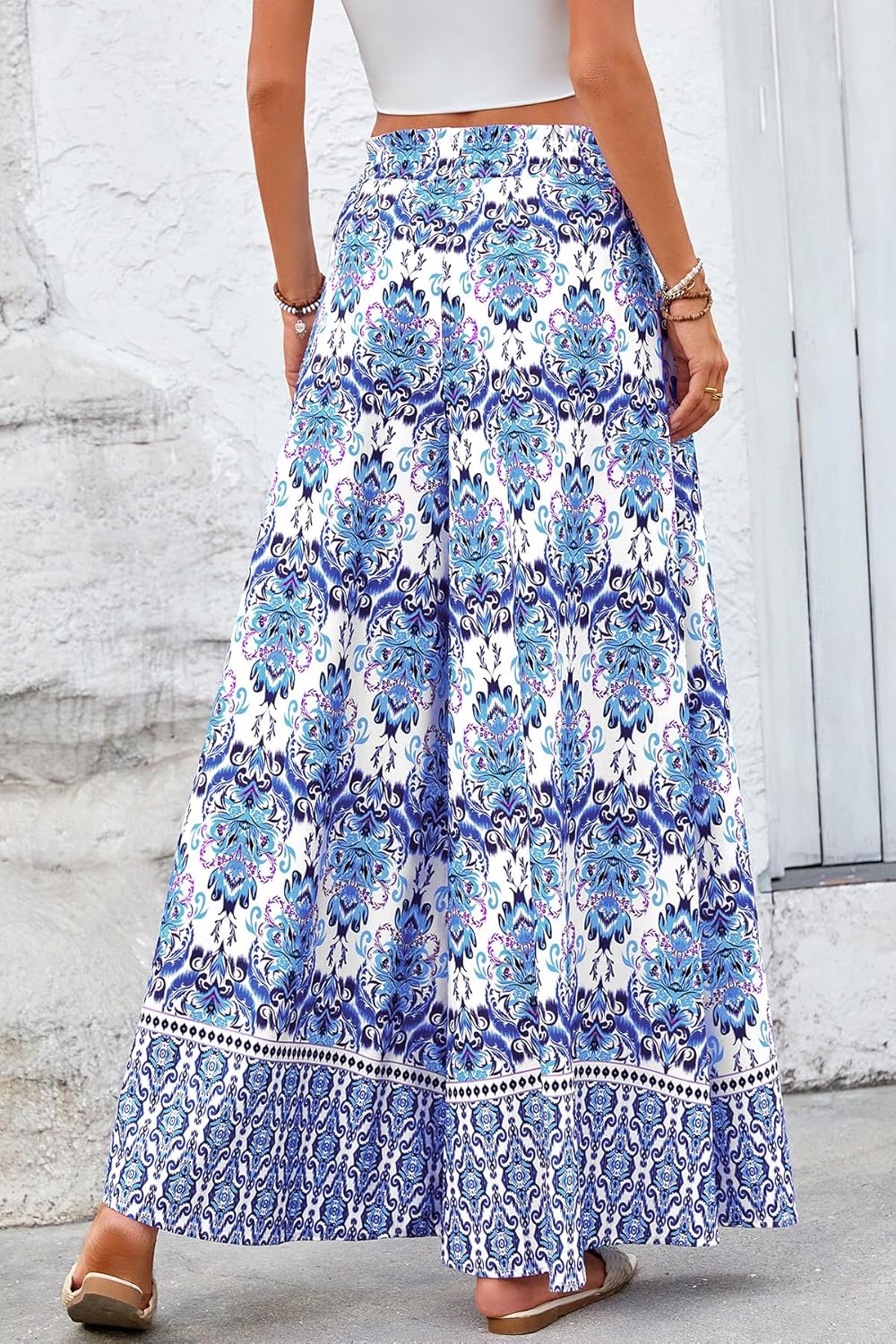 CFLONGE Women Wide Leg Pants Casual High Waist Floral Palazzo Pants for Women Flowy Trendy Lounge Boho Beach Trousers Pockets - Image 3