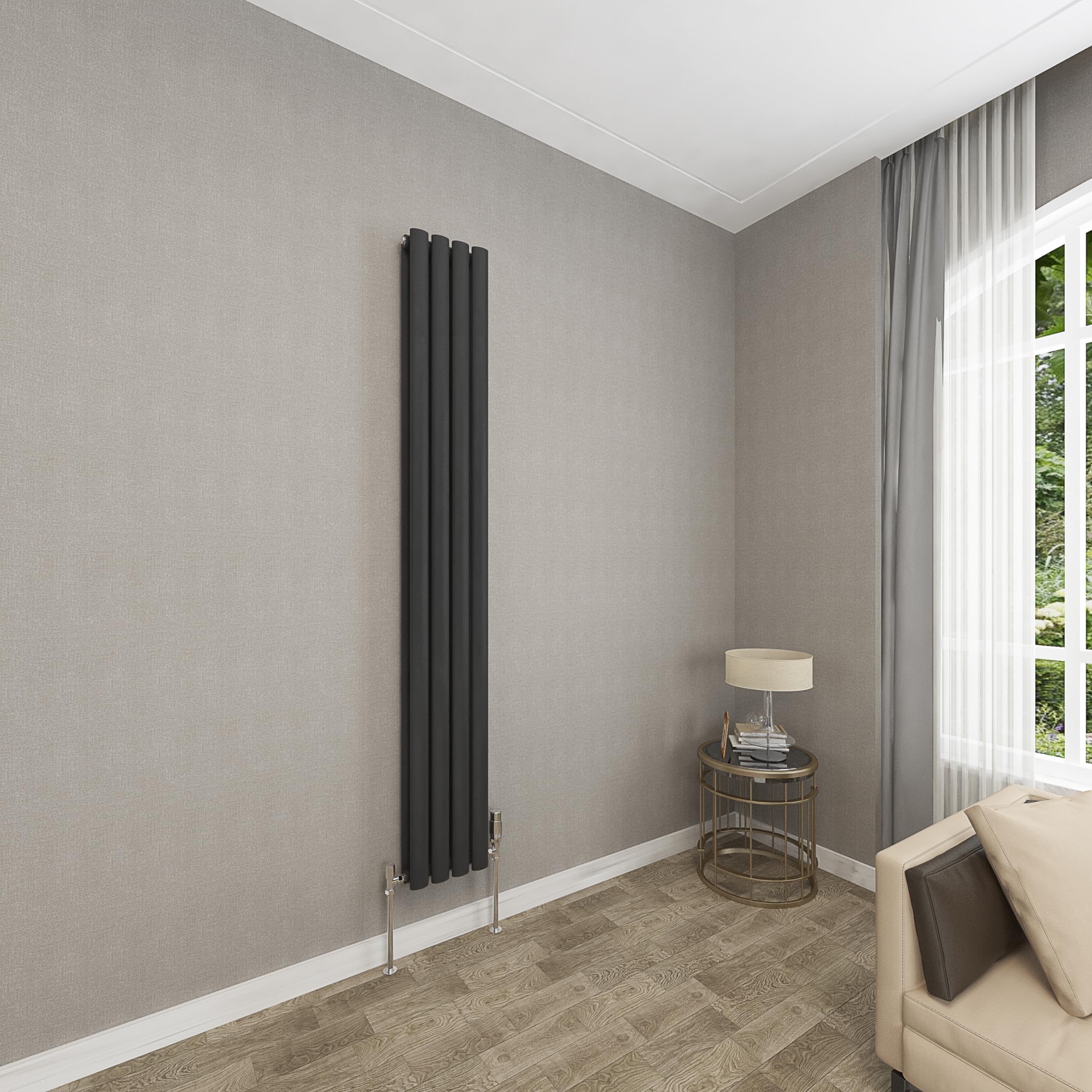 Sky bathroom | 1800x236mm - Modern Black Vertical Double Panel Oval Column Radiator Central Heating Designer Radiator