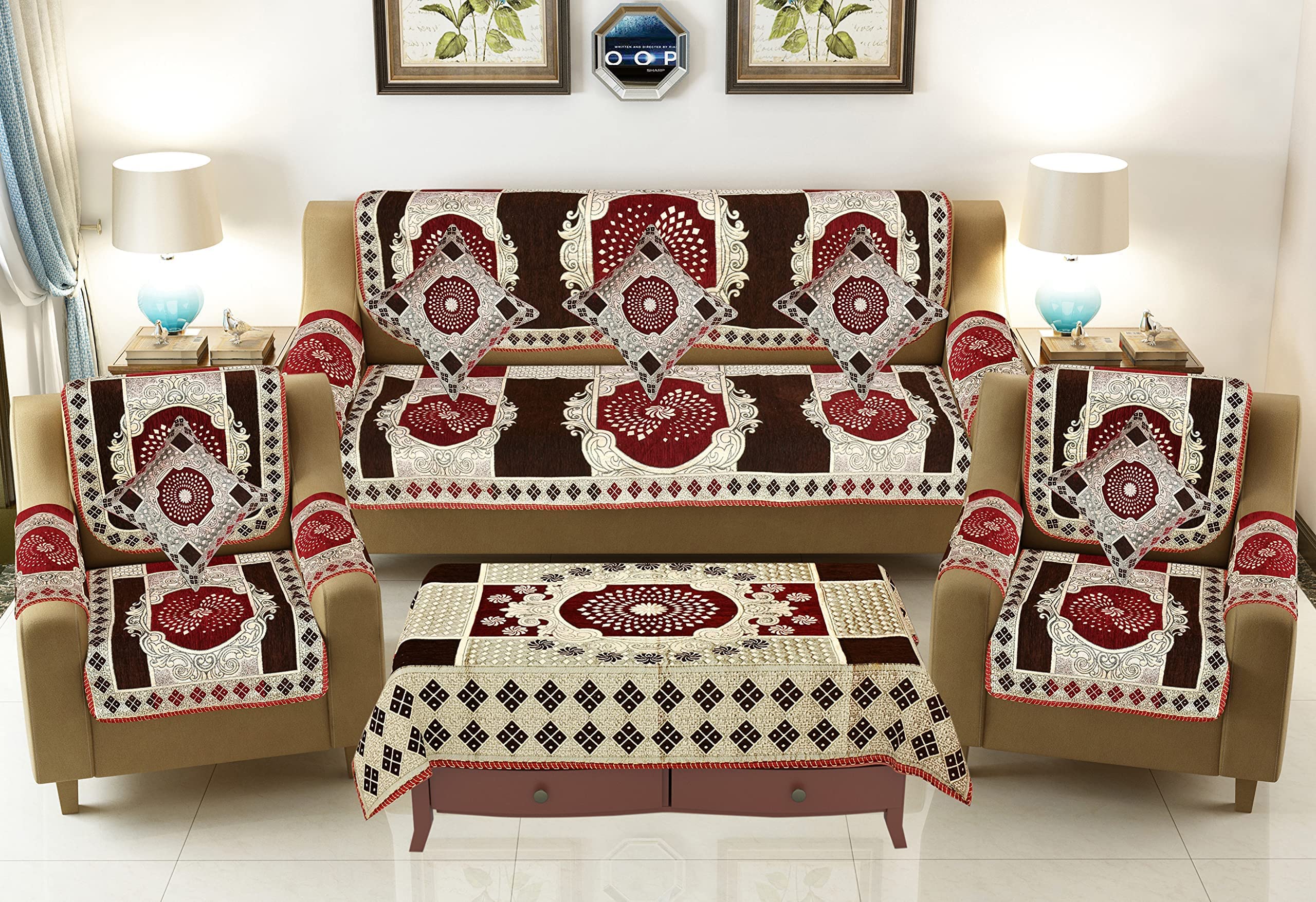 Jayvaam Sawna Homes Velvet L Shape Sofa Covers Set With 5 Cushion Covers-Premium 6 Seater Sofa Slip Protector Covers For Living Room Decor-Heavy Fabric Slip Protector For Long Couch(Coffee_1248-71)