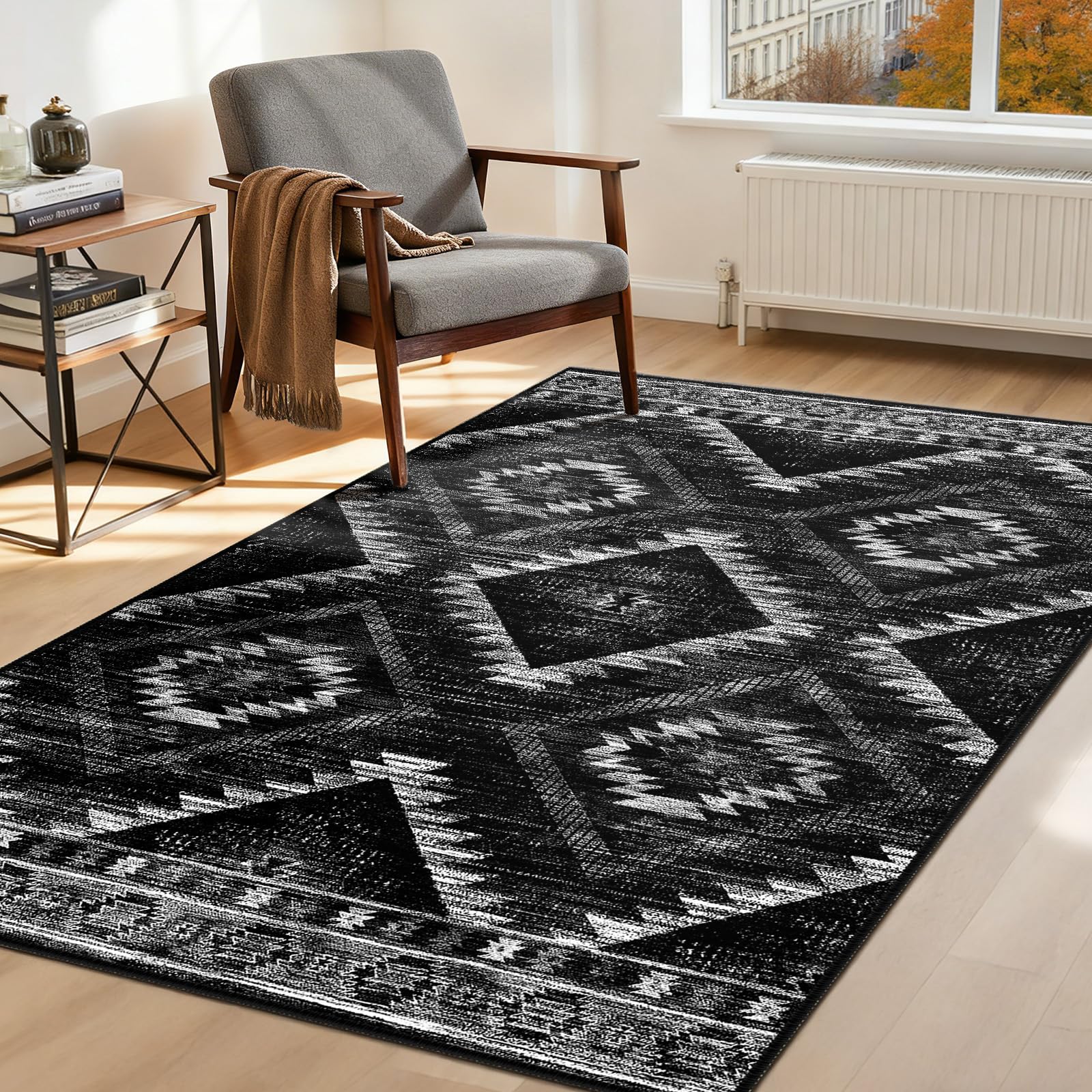 DEFYNEE Machine Washable Rugs Living Room, 90x150 cm Kitchen Rugs Non Slip, Soft Short Pile Vintage Rugs for Bedroom, Moroccan Rug for Hallway, Bedroom, and Kitchen, Black โ image 1