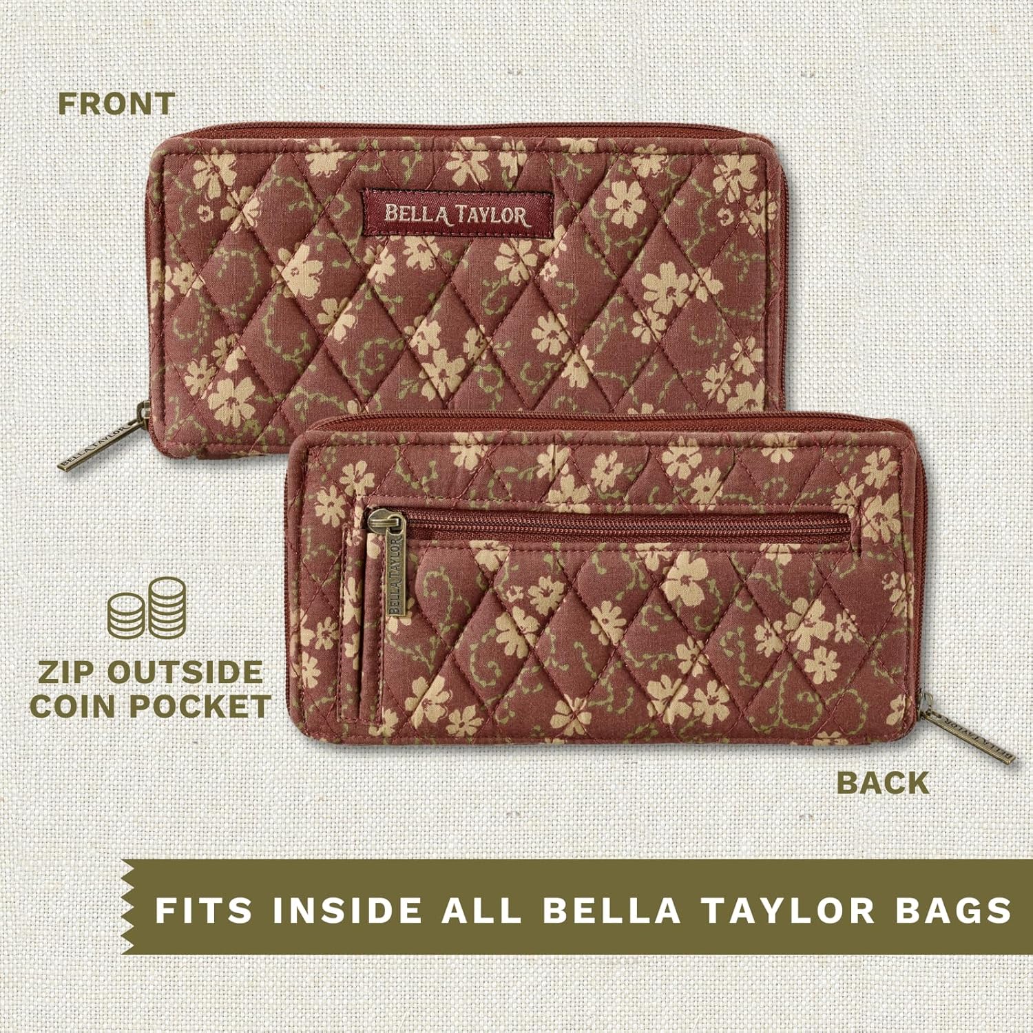 Bella Taylor Slim Card Wallet for Women | Quilted Cotton Fabric Zip Around Credit Card Wallet with RFID Protection | Burgundy Floral - Image 5