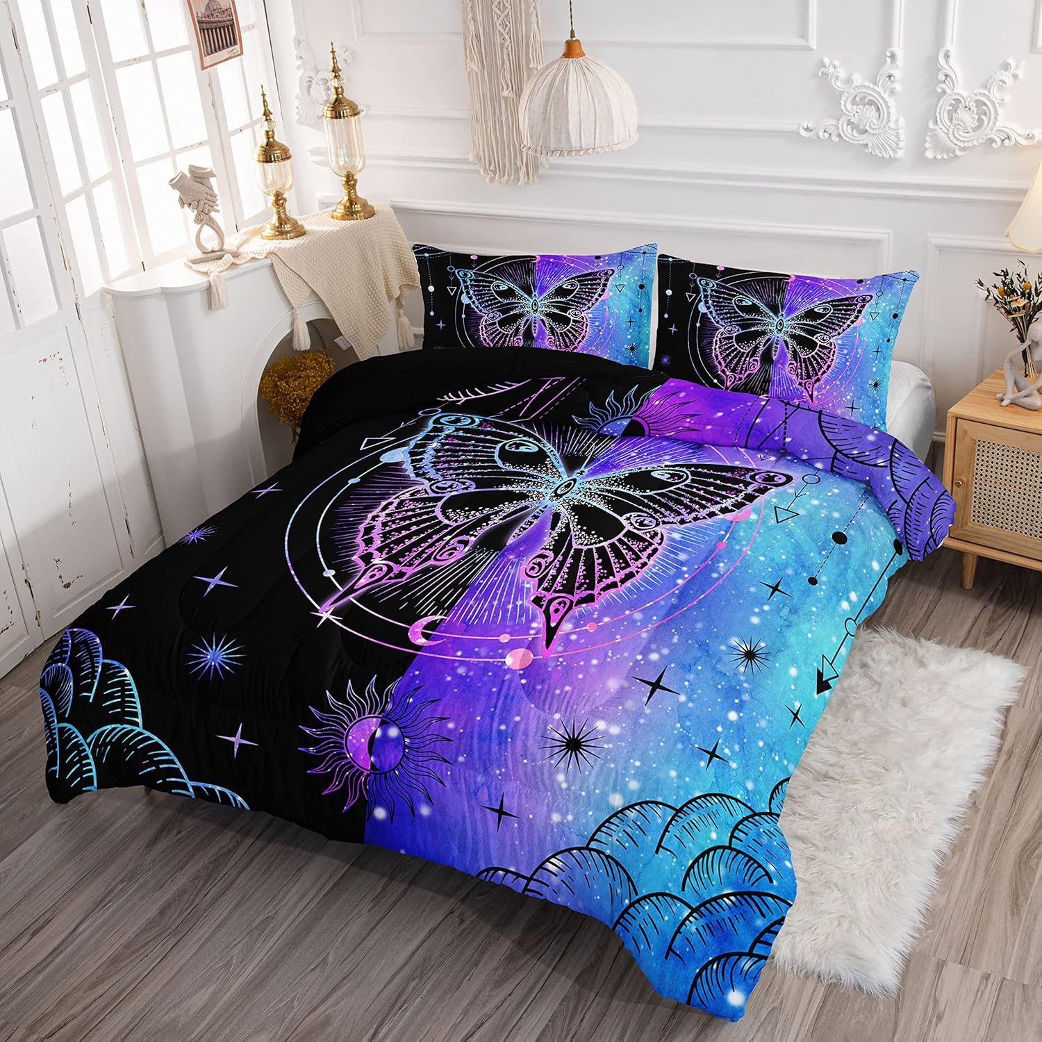 Black Blue Butterfly Comforter Set for Girls Women,Boho Butterfly Sun and Moon Mandala Printed Bedding Set with 2 Pillowcases(Black Blue Twin)