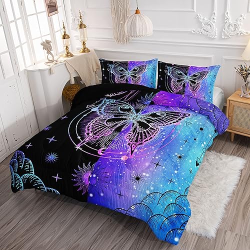 Miniatura 3 de Datura home - Juego de edredón de mariposa azul y negro para niñas y mujeres, juego de ropa de cama bohemio con estampado de mandala de mariposa,