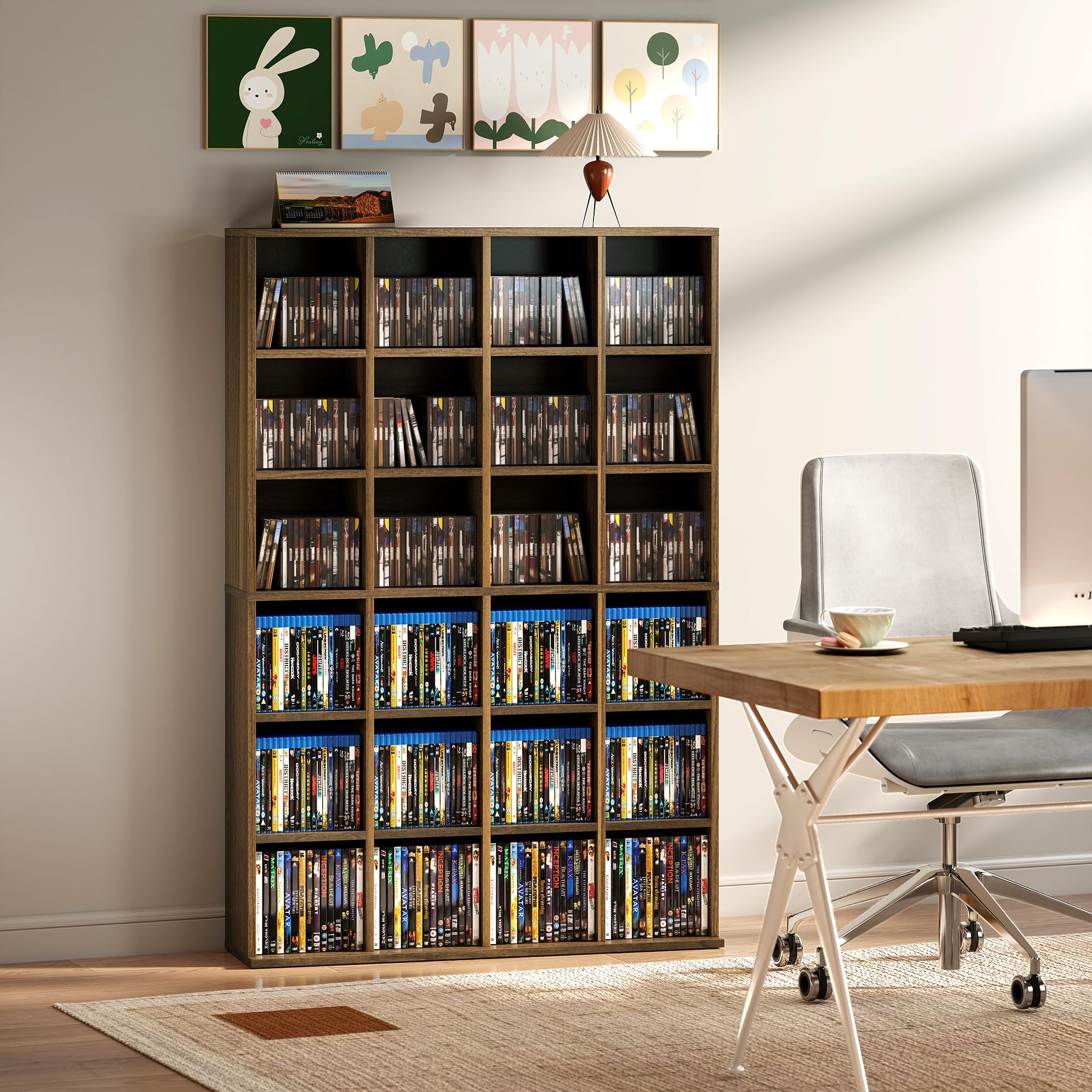 HOMCOM Contenitore per CD e DVD, scaffale di archiviazione, capacità massima 456 CD/336 DVD, 24 scomparti e ripiani regolabili, per ufficio, soggiorno, camera da letto, 89 x 20 x 130,5 cm, marrone