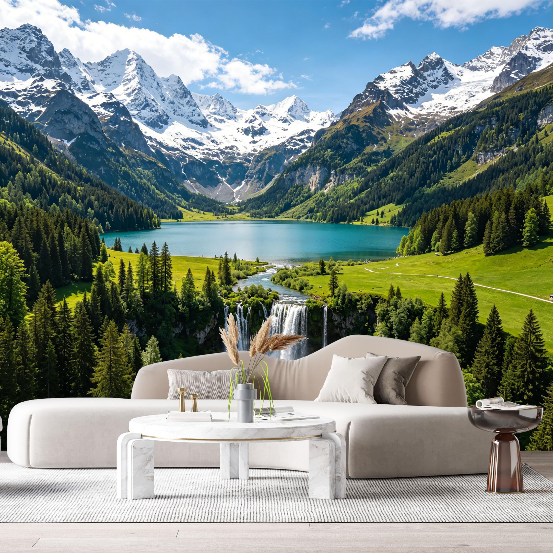 Custom Size Wall Murals Alpine Lake Mountain Landscape Waterfall Evergreen Forest Scenic Nature SelfAdhesive Wall Fabric Removable Large Wallpaper for Photo Living Room