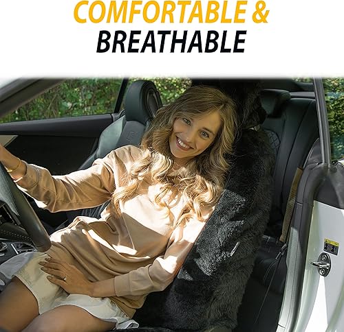 Miniatura 5 de ZONETECH Fundas de asiento de piel de oveja mullidas para asiento de automóvil, de lana merina australiana negra, accesorios de piel esponjosa,