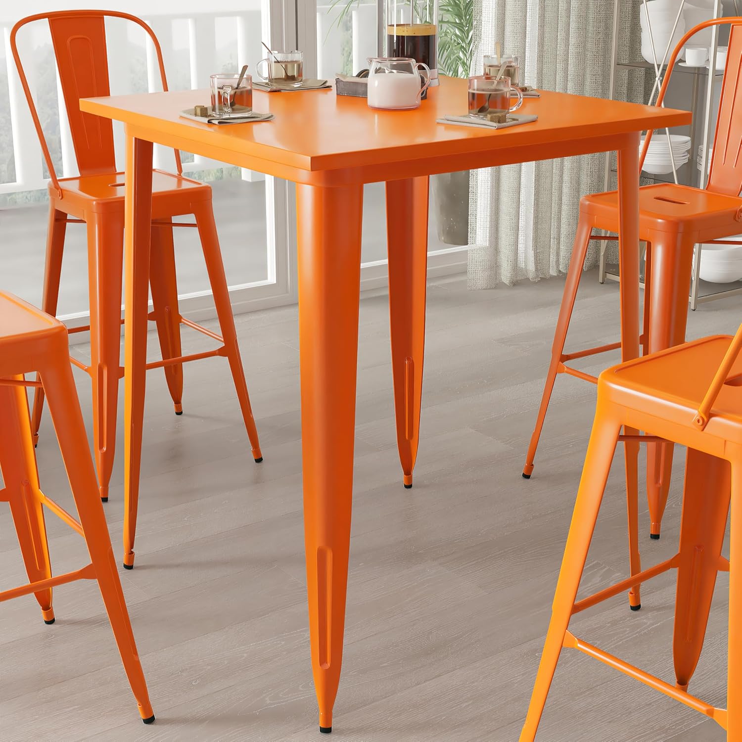 Merrick Lane Rothko Outdoor Patio Table - Orange Galvanized Steel Frame - 31.5" Top - 33.25" Base Size - Bar Height - Designed for Indoor and Outdoor Use