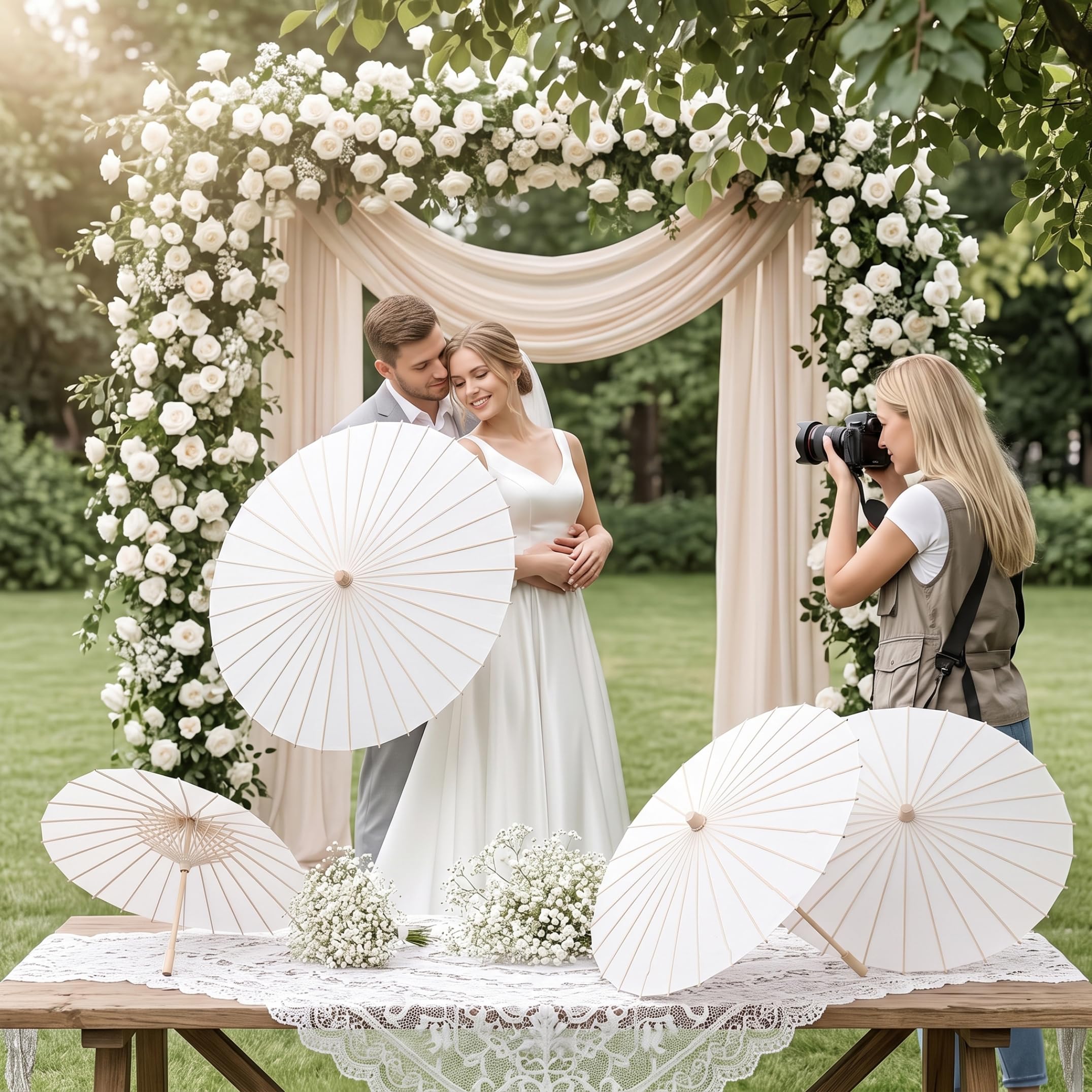 Sombrilla blanca con mango de madera, sombrillas de papel para decoración elegante de boda y Base de creación de bricolaje, 23, 62 pulgadas, 10 Uds..