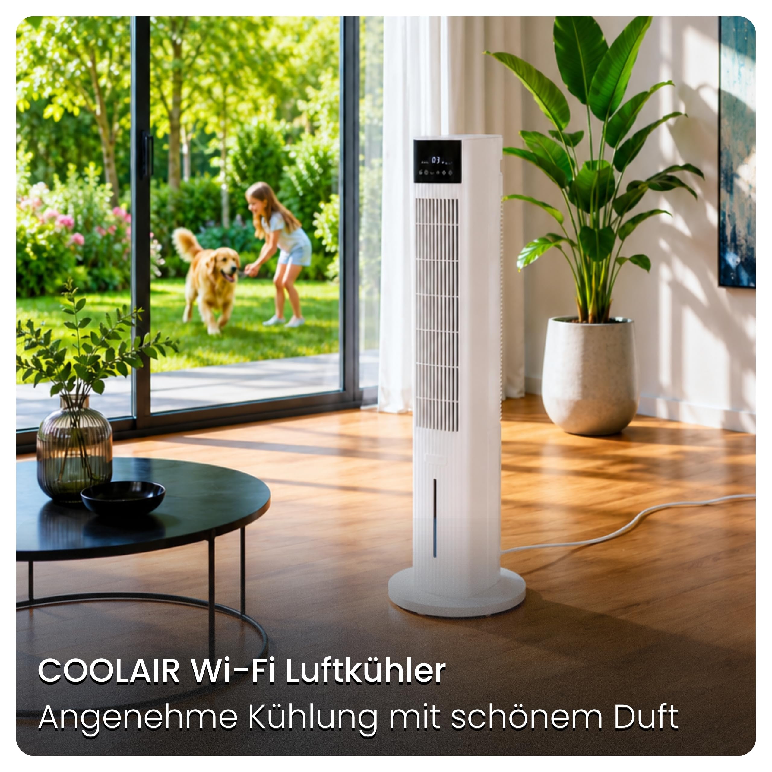 Ventilator mit Wasserkühlung CoolAir, WiFi, 5L, 2x Kühlakkus, 65W, Oszillation, Cooler Fan, Verdunstungskühler, Turmventilator mit Kühlung, Luftkühler, Standventilator, Raumkühler