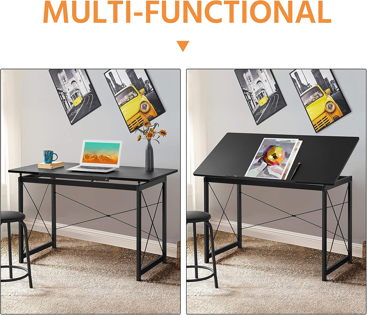 Comparison of the drafting table in flat desk mode and tilted drafting mode.