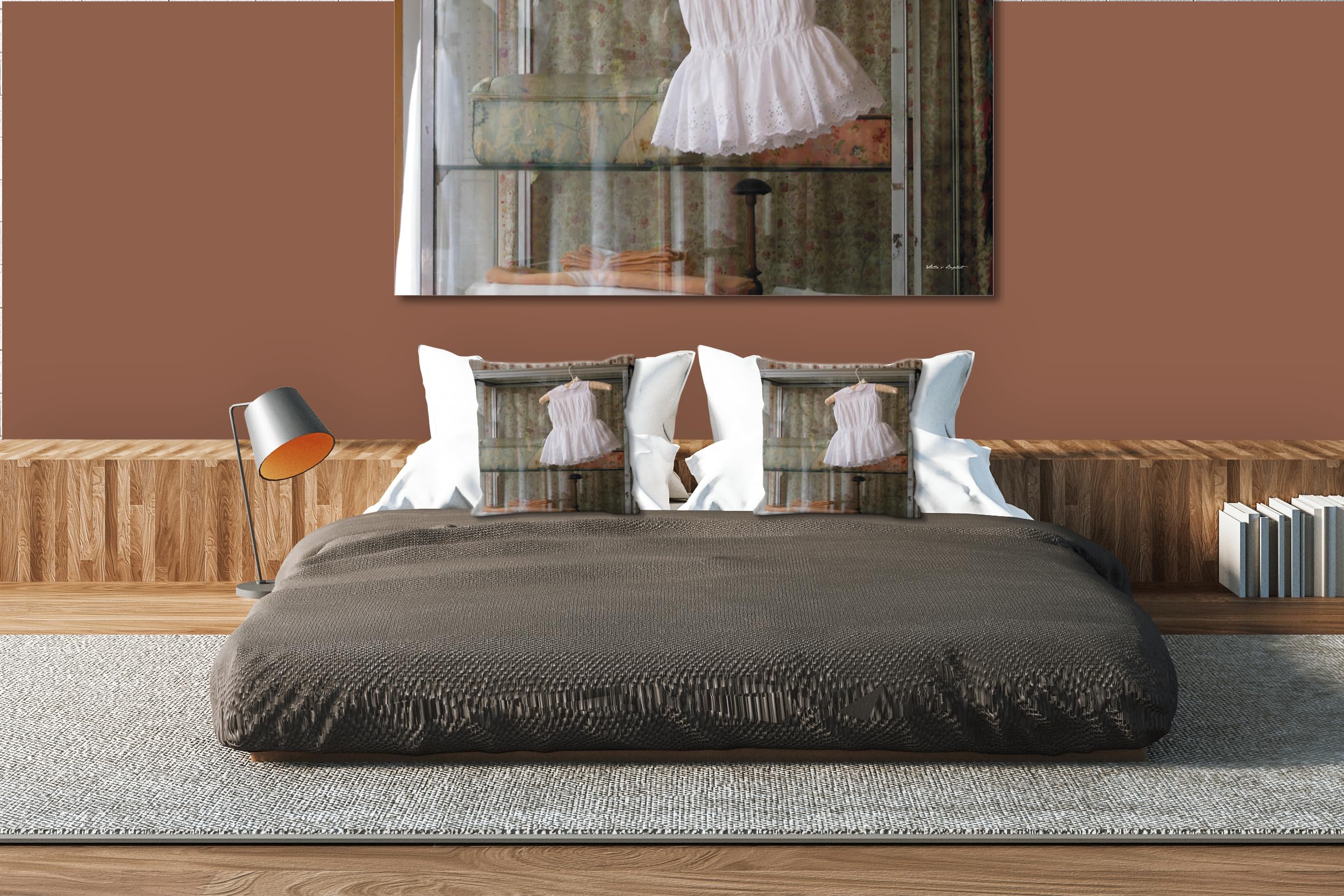 Romantik -Foto-Kissen-Hülle Set (2 STK.) 40 x 40 cm | Kissen-Bezüge - passend zu Wandbild - Deko-Kissen - Kleid Kind Flohmarkt Paris