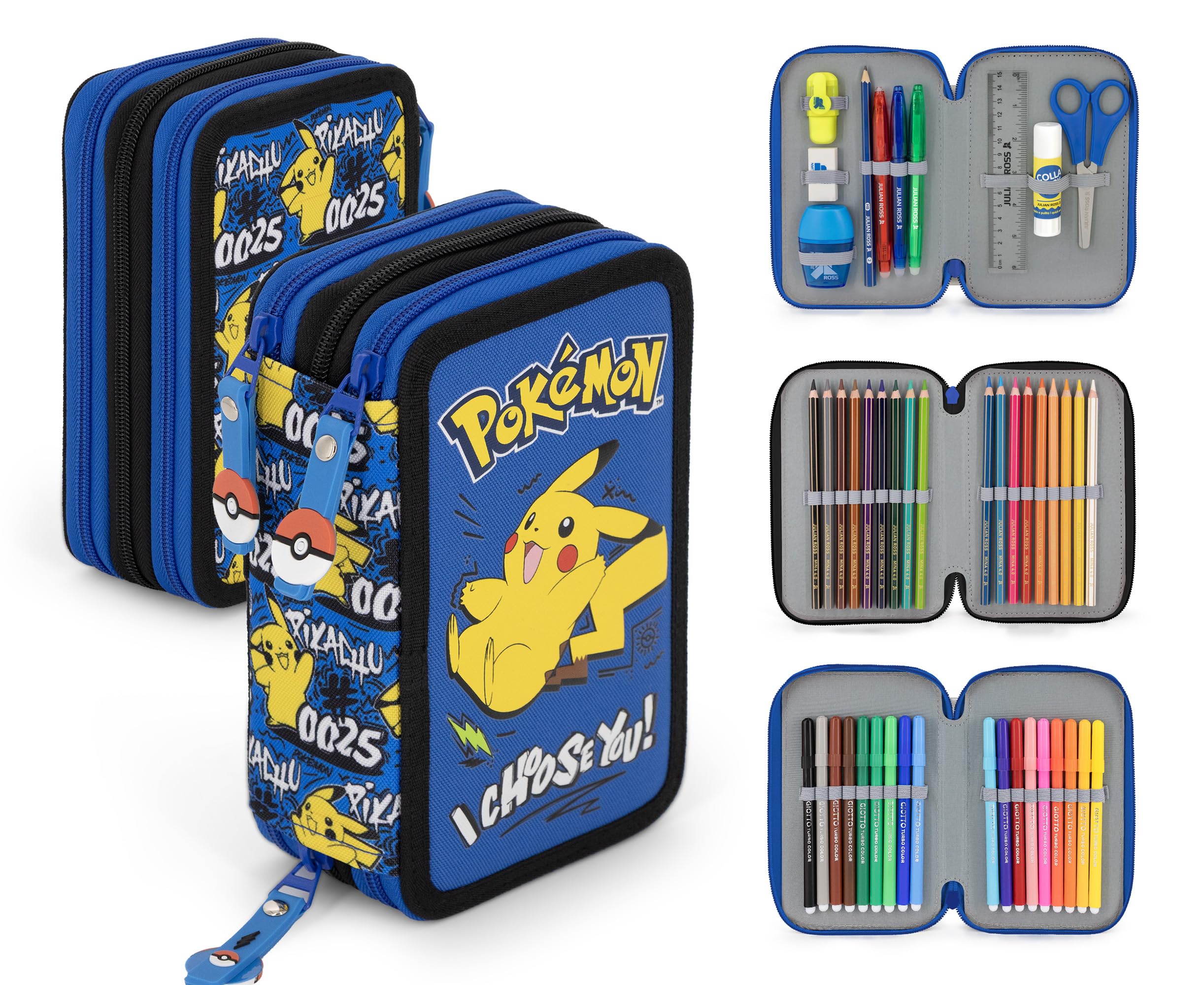 Pack Escolar Niño Primaria - Mochila Ergonómica Gran Capacidad 43x33x20 cm y Estuche 3 Cremalleras Completo (46 Piezas) - Diseño para Pokémon Fan (6-10 Años)