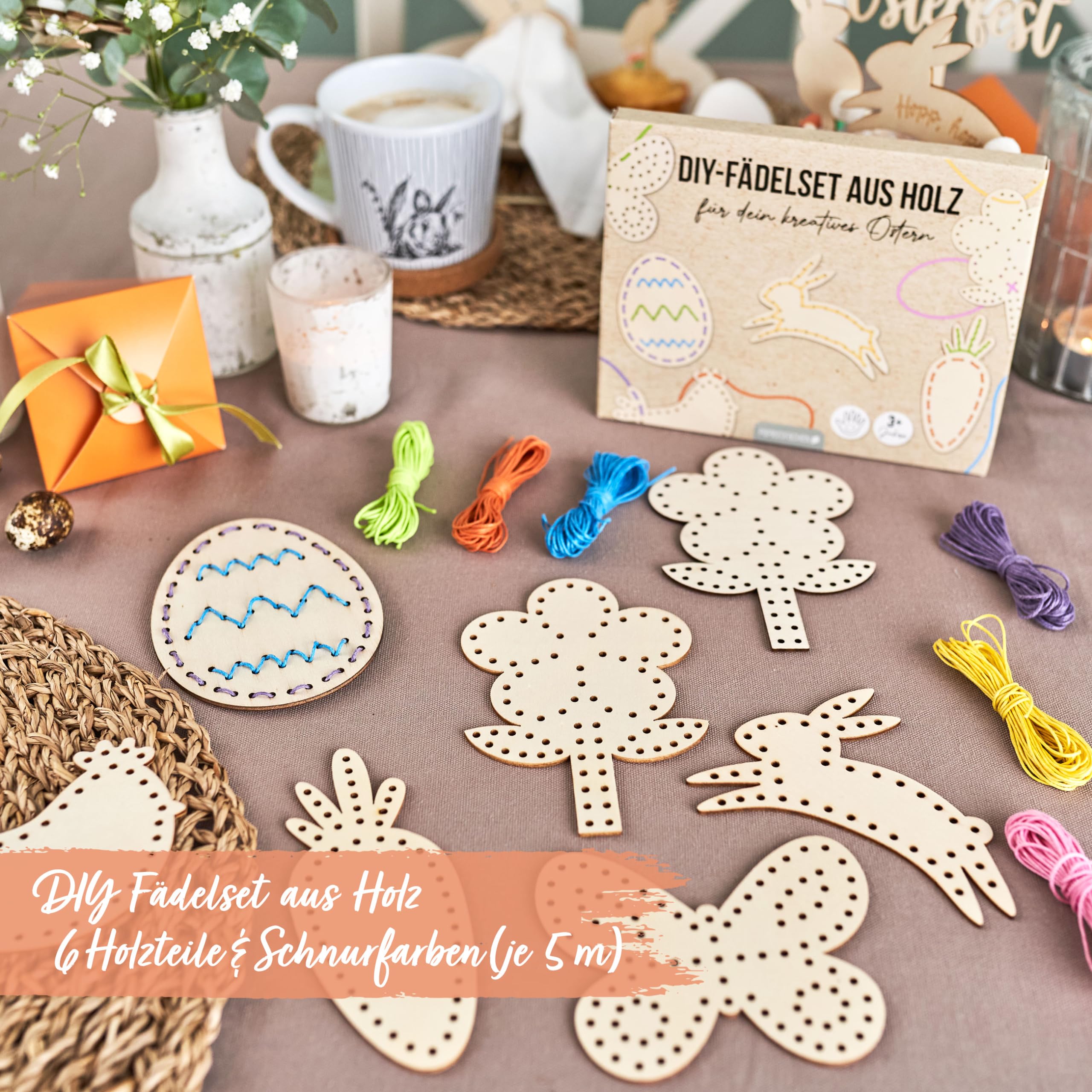 Papierdrachen DIY Wooden Threading Set for Easter, Wooden Play Set including Thread, Craft Fun for Easter Decoration - Image 2