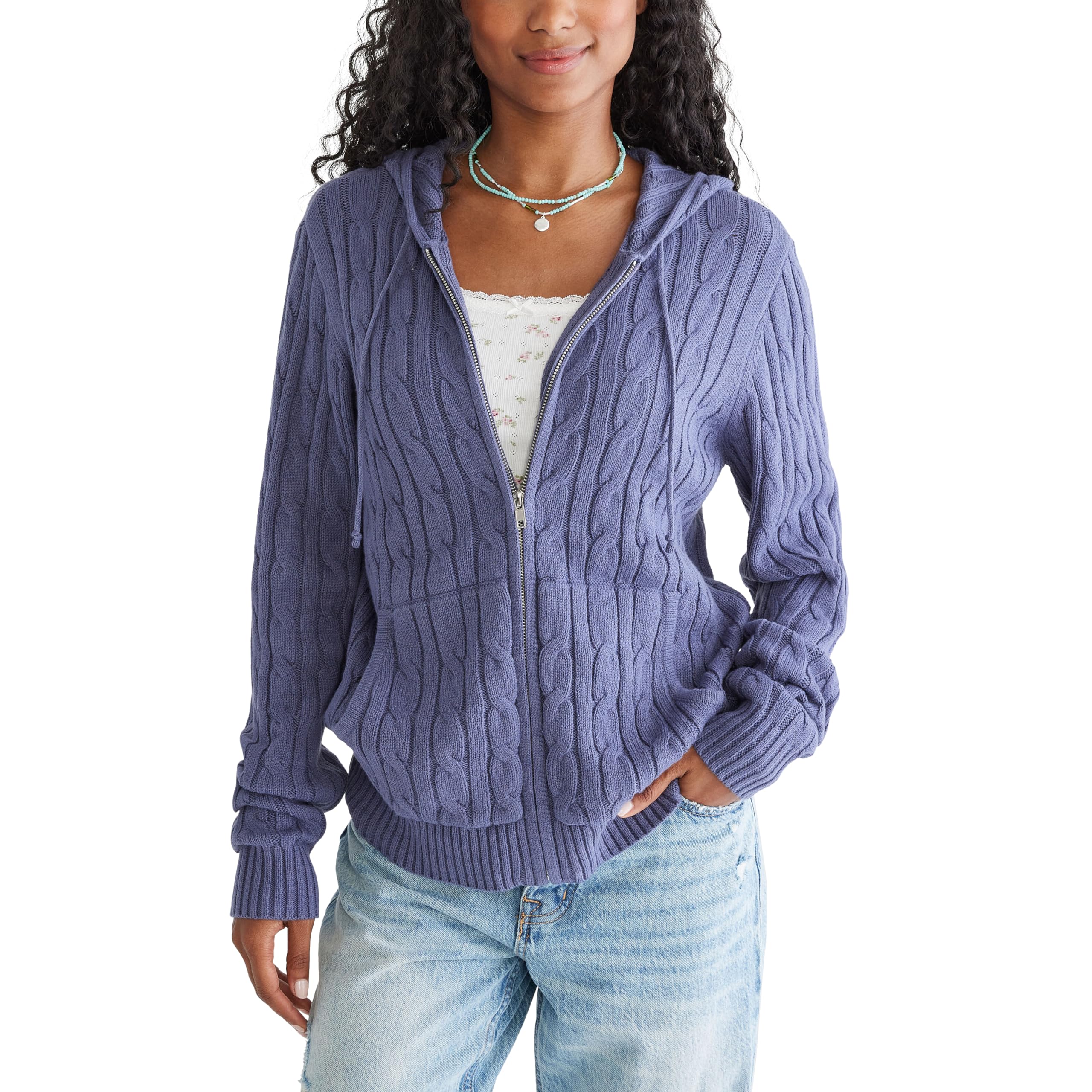 Aeropostale Womens Zip Up Cable Sweater
